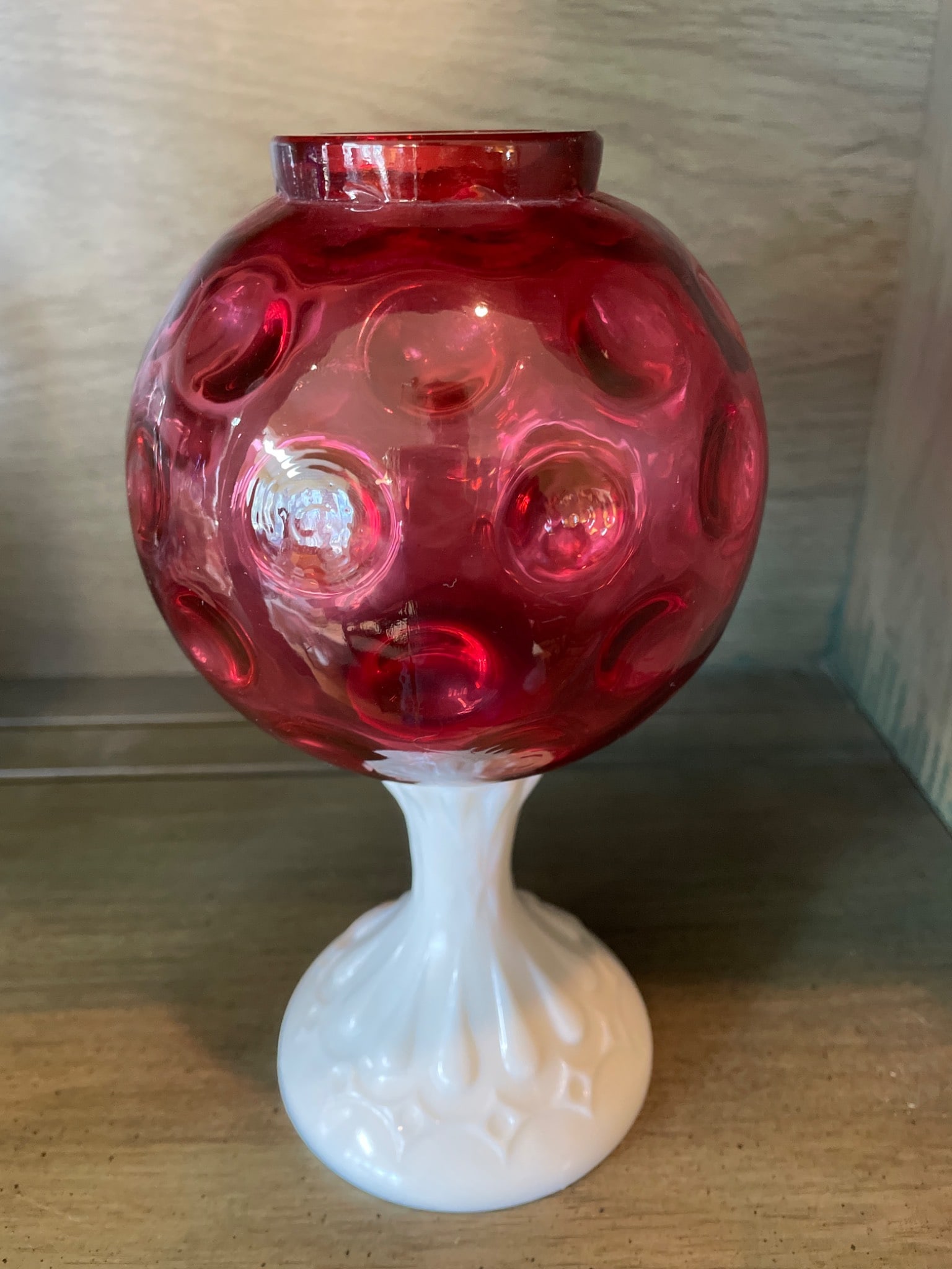 Red Glass Globe with Hobnail Milk Glass Base - 4
