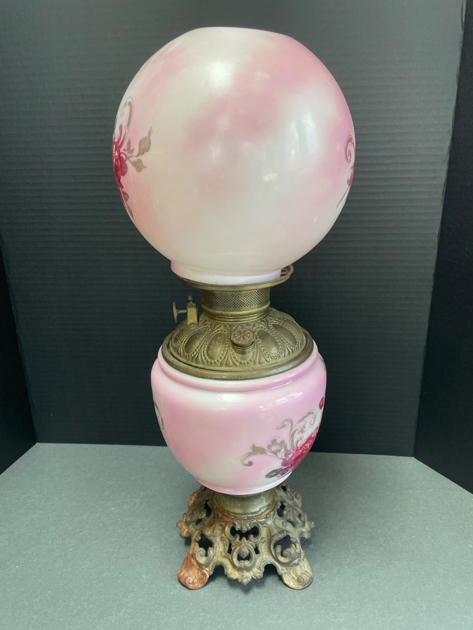 Brass Oil Lamp with Hand-Painted Pink Glass Globe and Base - 2