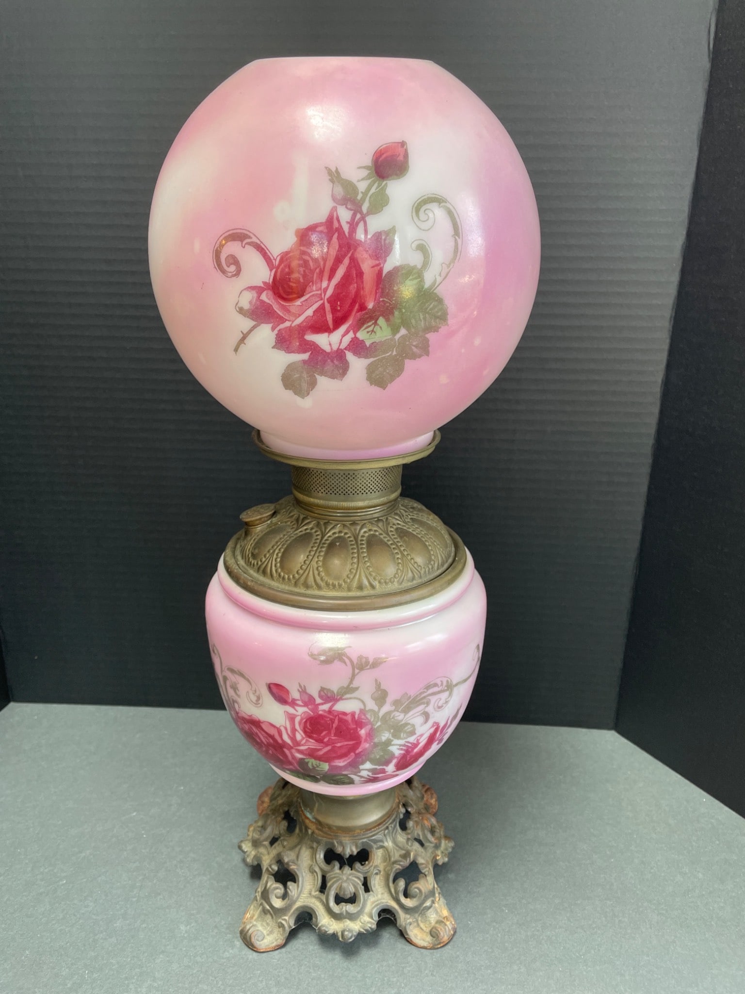 Brass Oil Lamp with Hand-Painted Pink Glass Globe and Base - 3