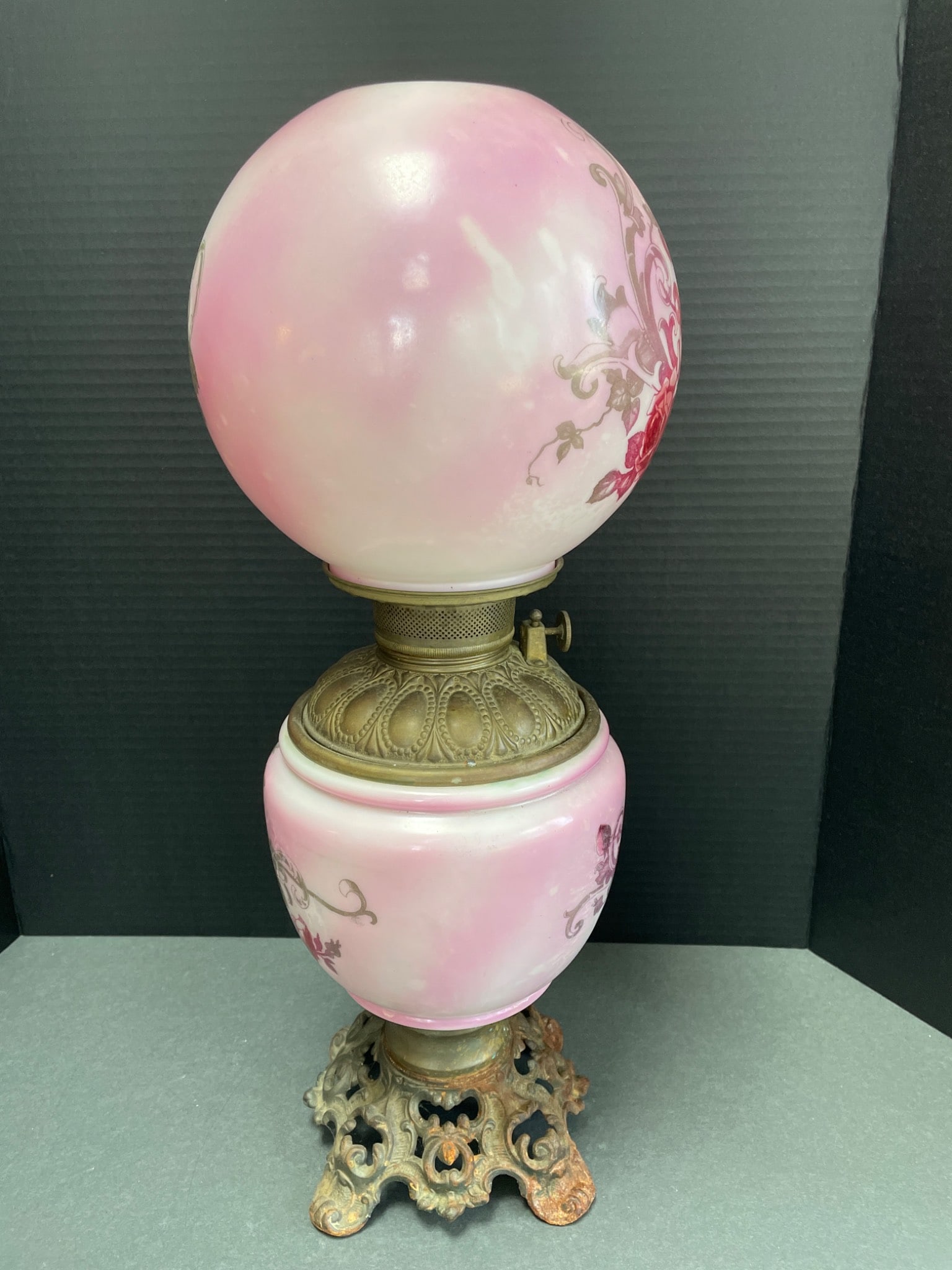 Brass Oil Lamp with Hand-Painted Pink Glass Globe and Base - 4
