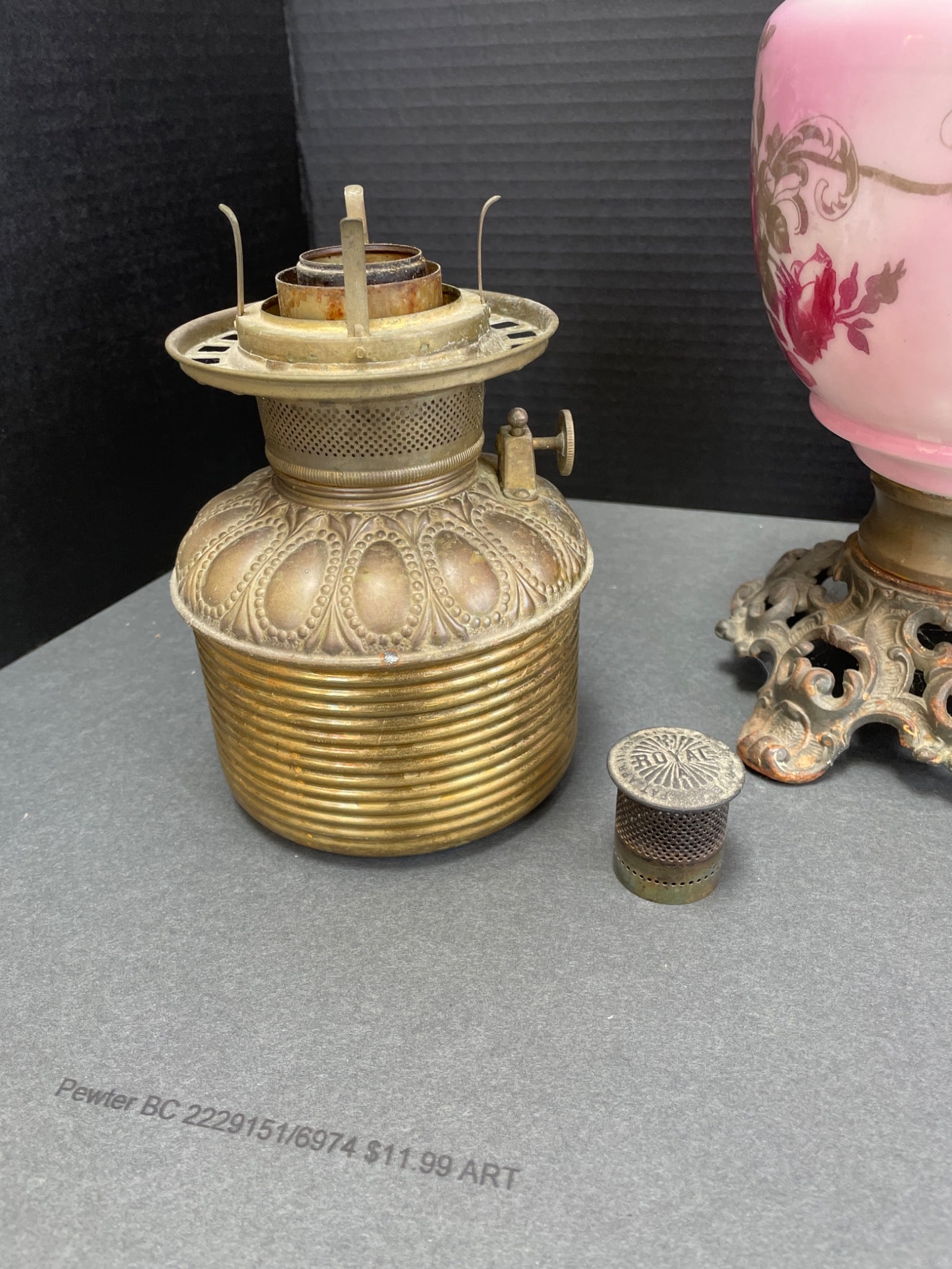 Brass Oil Lamp with Hand-Painted Pink Glass Globe and Base - 5