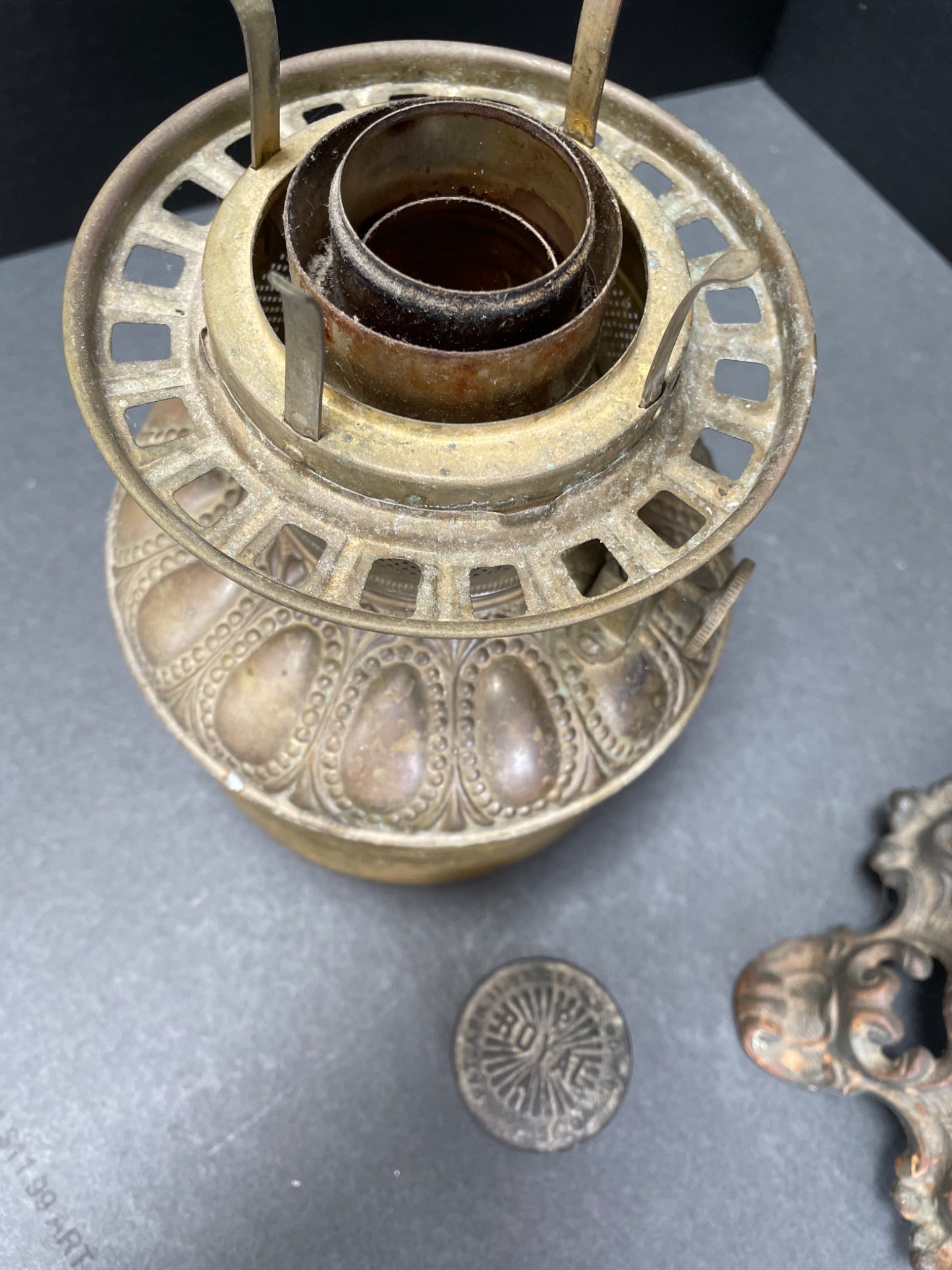 Brass Oil Lamp with Hand-Painted Pink Glass Globe and Base - 6