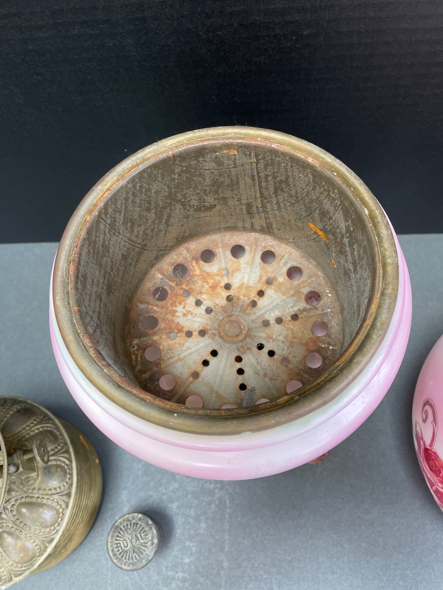 Brass Oil Lamp with Hand-Painted Pink Glass Globe and Base - 7