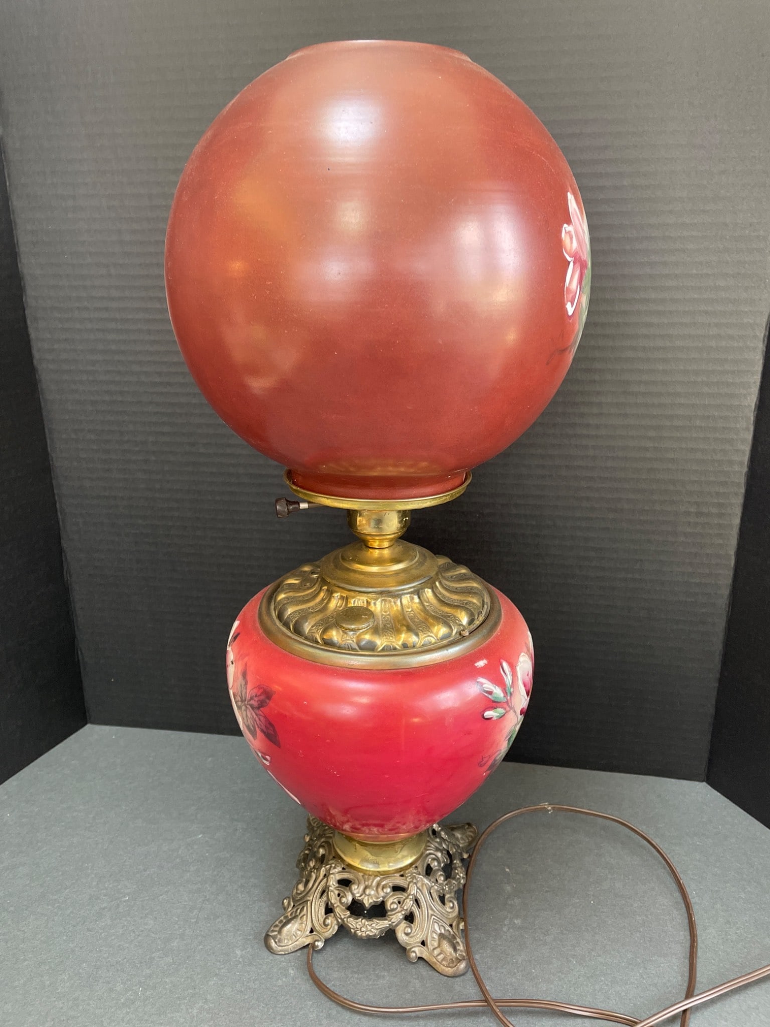 Electric Lamp With Hand-Painted Floral Design and Ornate Metal Base - 2