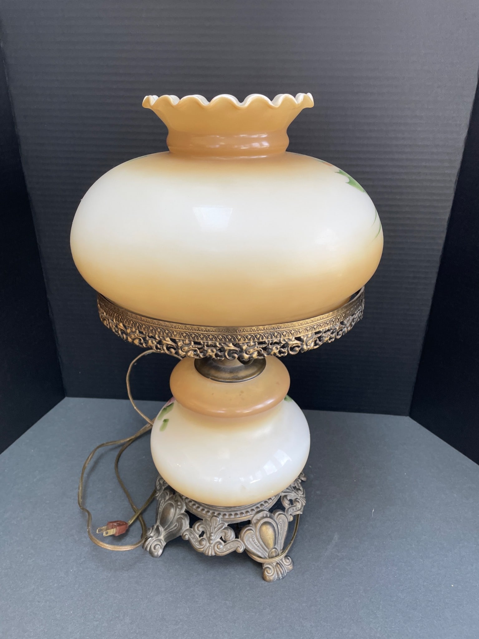 Hand-Painted Milk Glass Hurricane Table Lamp with Floral Design - 3