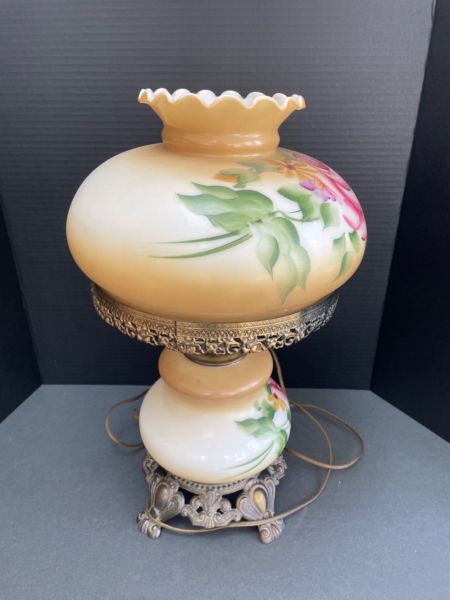 Hand-Painted Milk Glass Hurricane Table Lamp with Floral Design - 4