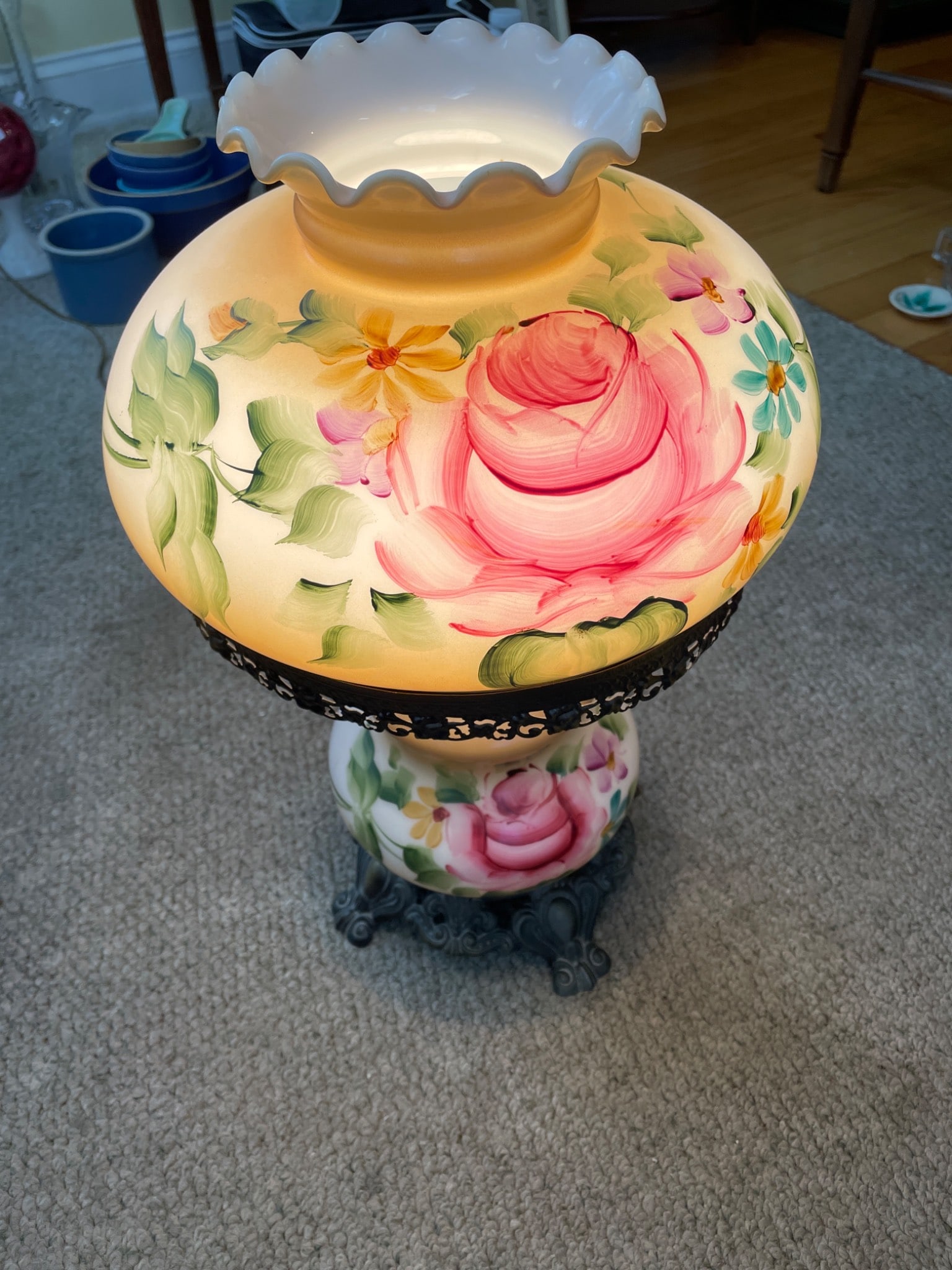 Hand-Painted Milk Glass Hurricane Table Lamp with Floral Design - 7