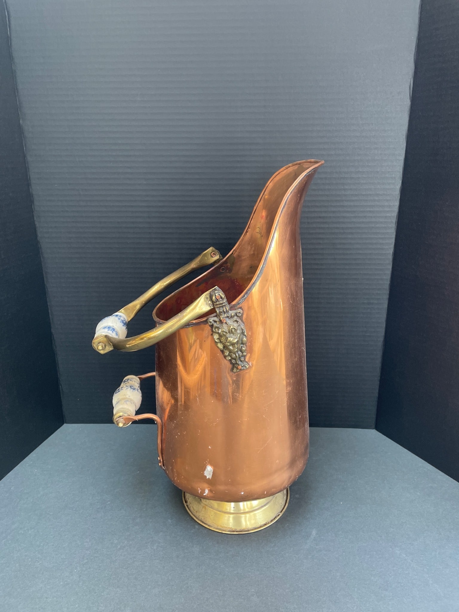 Copper and Brass Pitcher with Porcelain Handles - 4