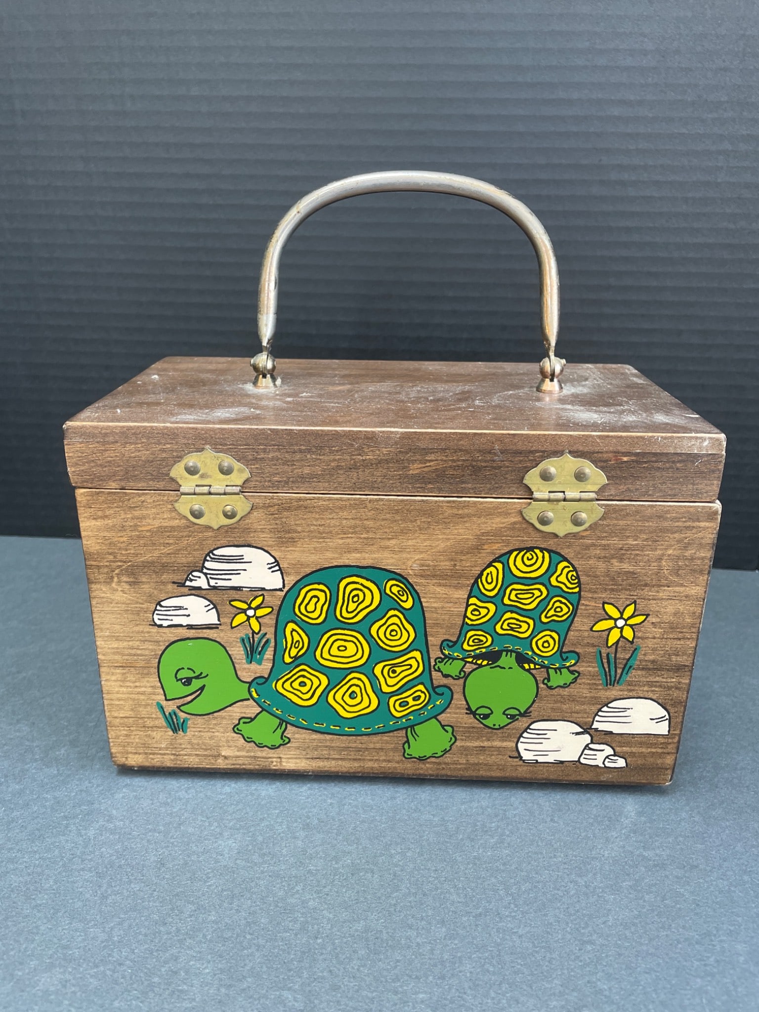 Wooden Box with Hand-Painted Turtles and Red Fabric Lining - 3