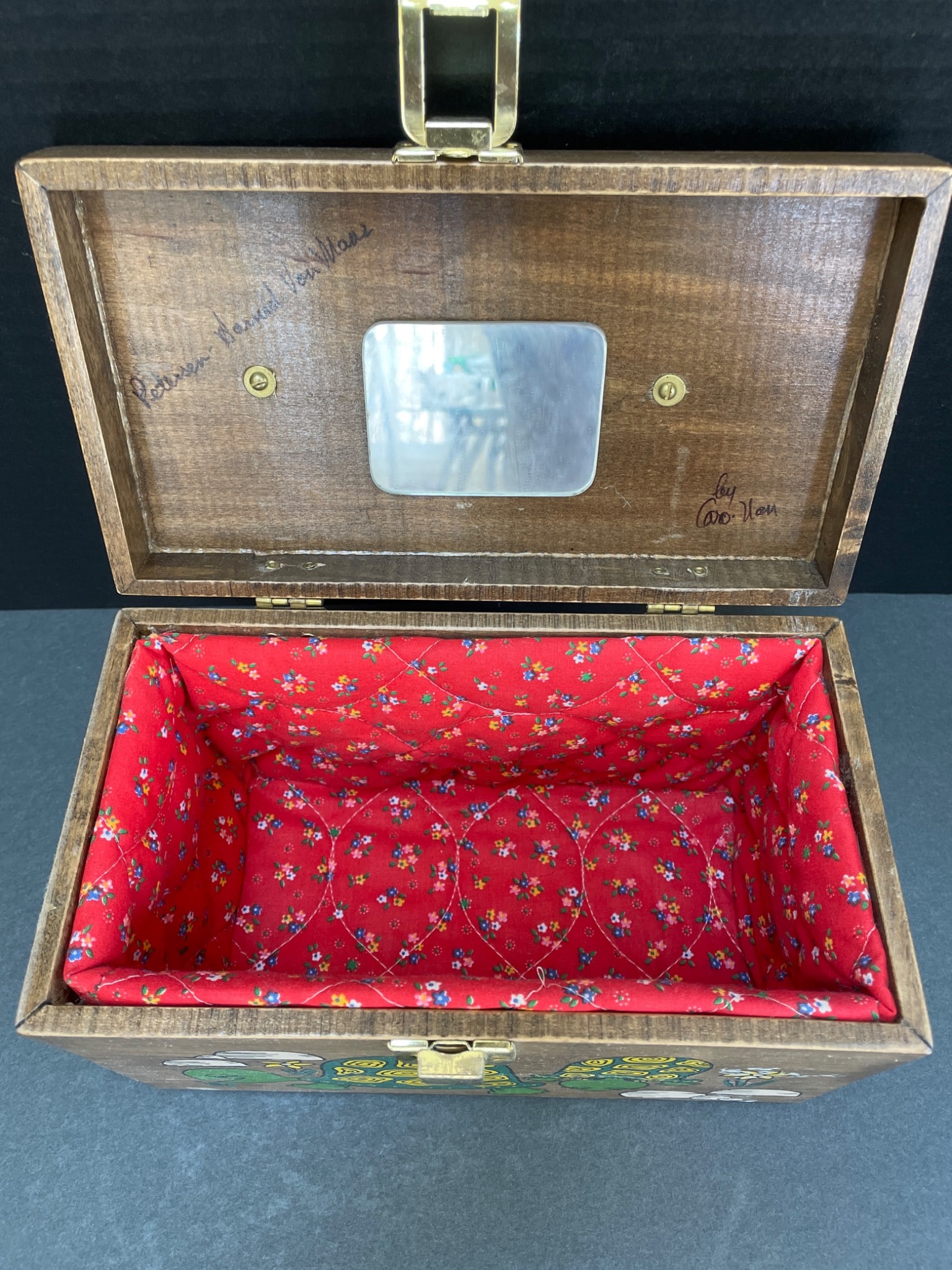 Wooden Box with Hand-Painted Turtles and Red Fabric Lining - 6