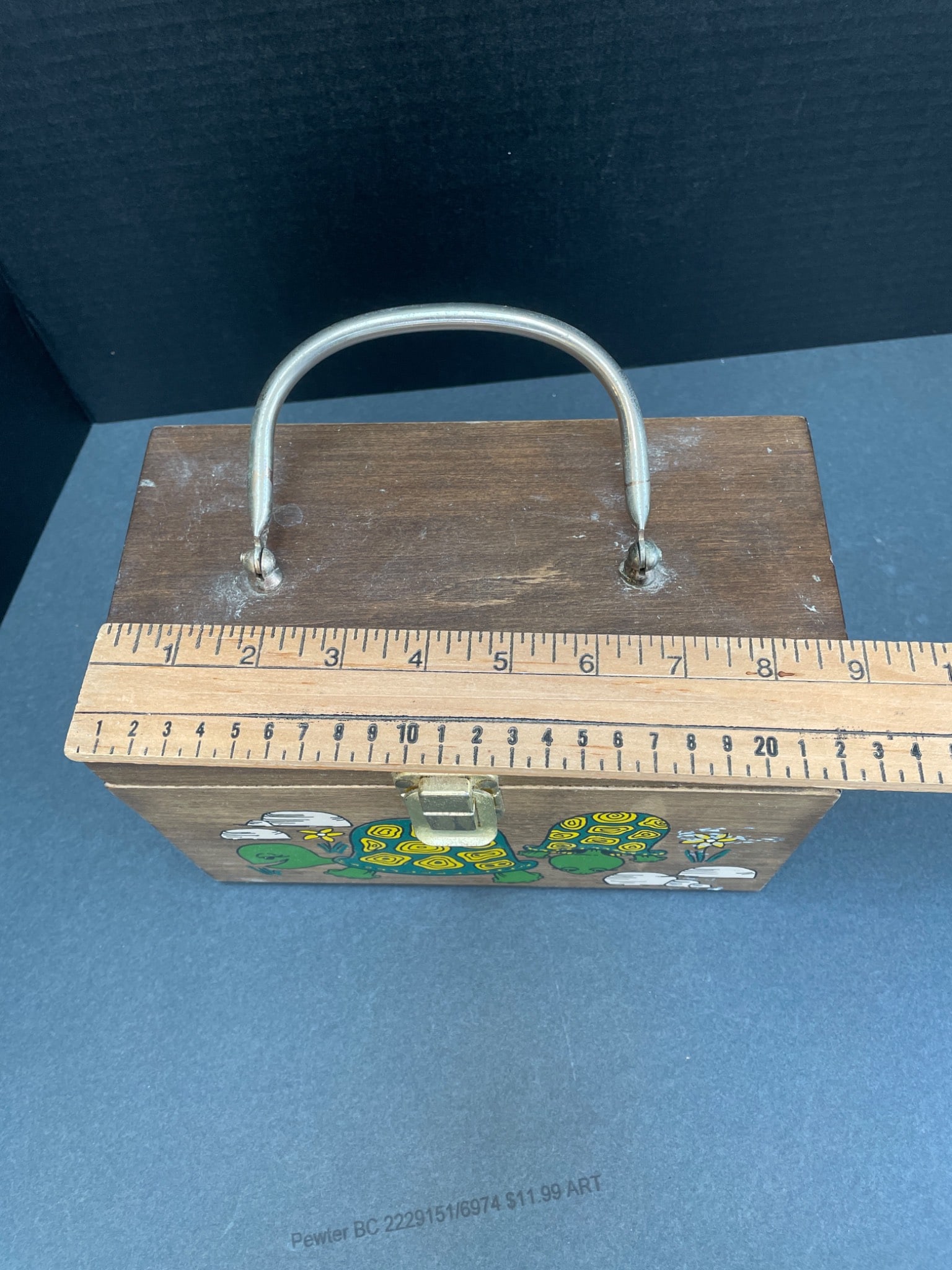 Wooden Box with Hand-Painted Turtles and Red Fabric Lining - 7