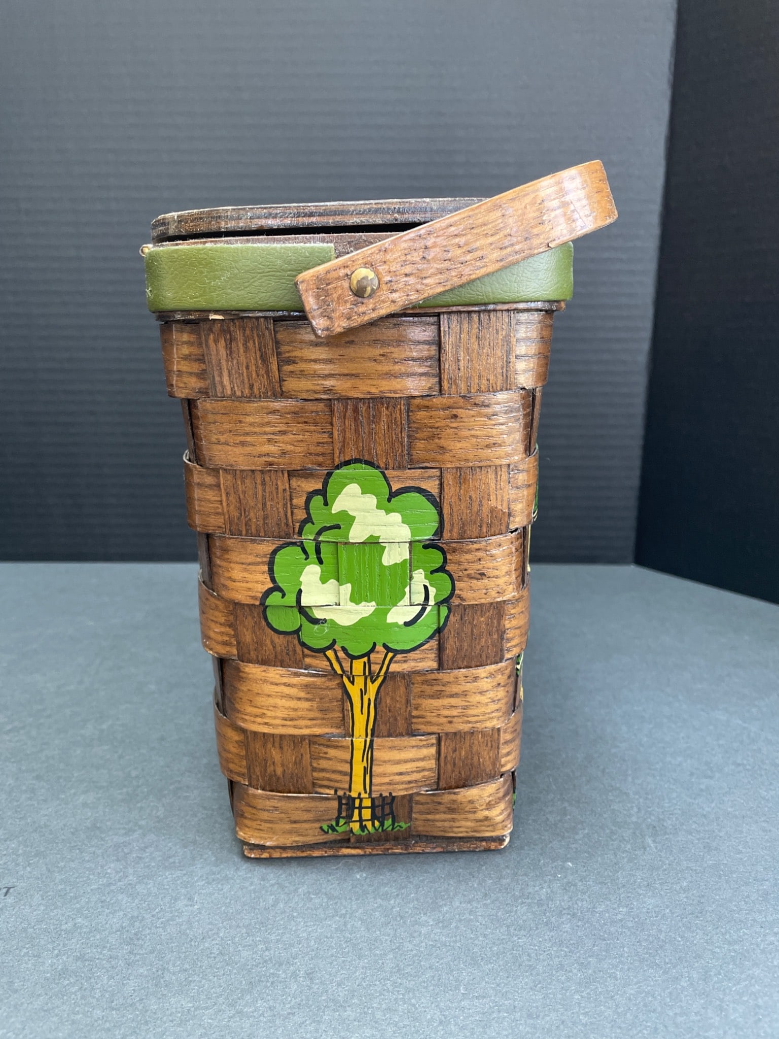 Rectangular Wooden Basket With Hinged Lid and Painted House Design - 4