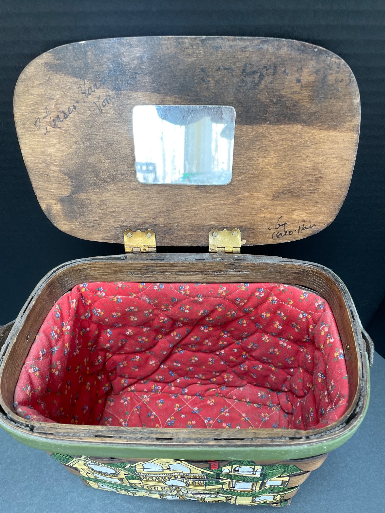 Rectangular Wooden Basket With Hinged Lid and Painted House Design - 6