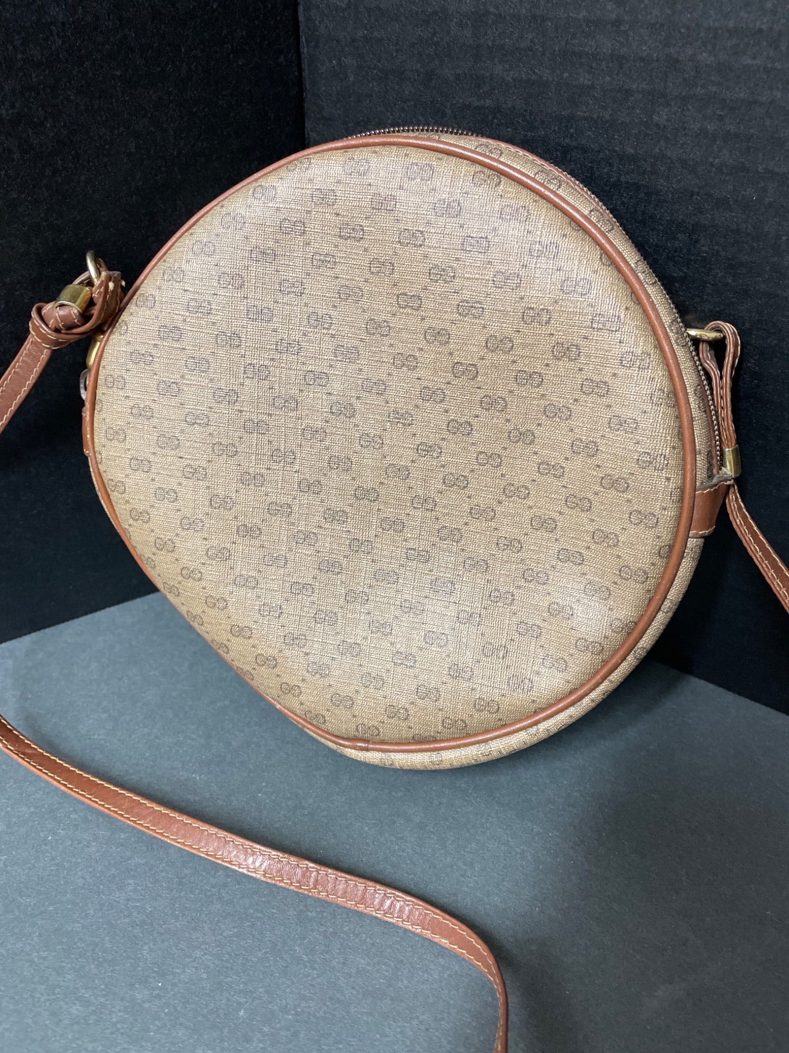 Round Crossbody Bag With Monogram Details and Leather Trim - 3