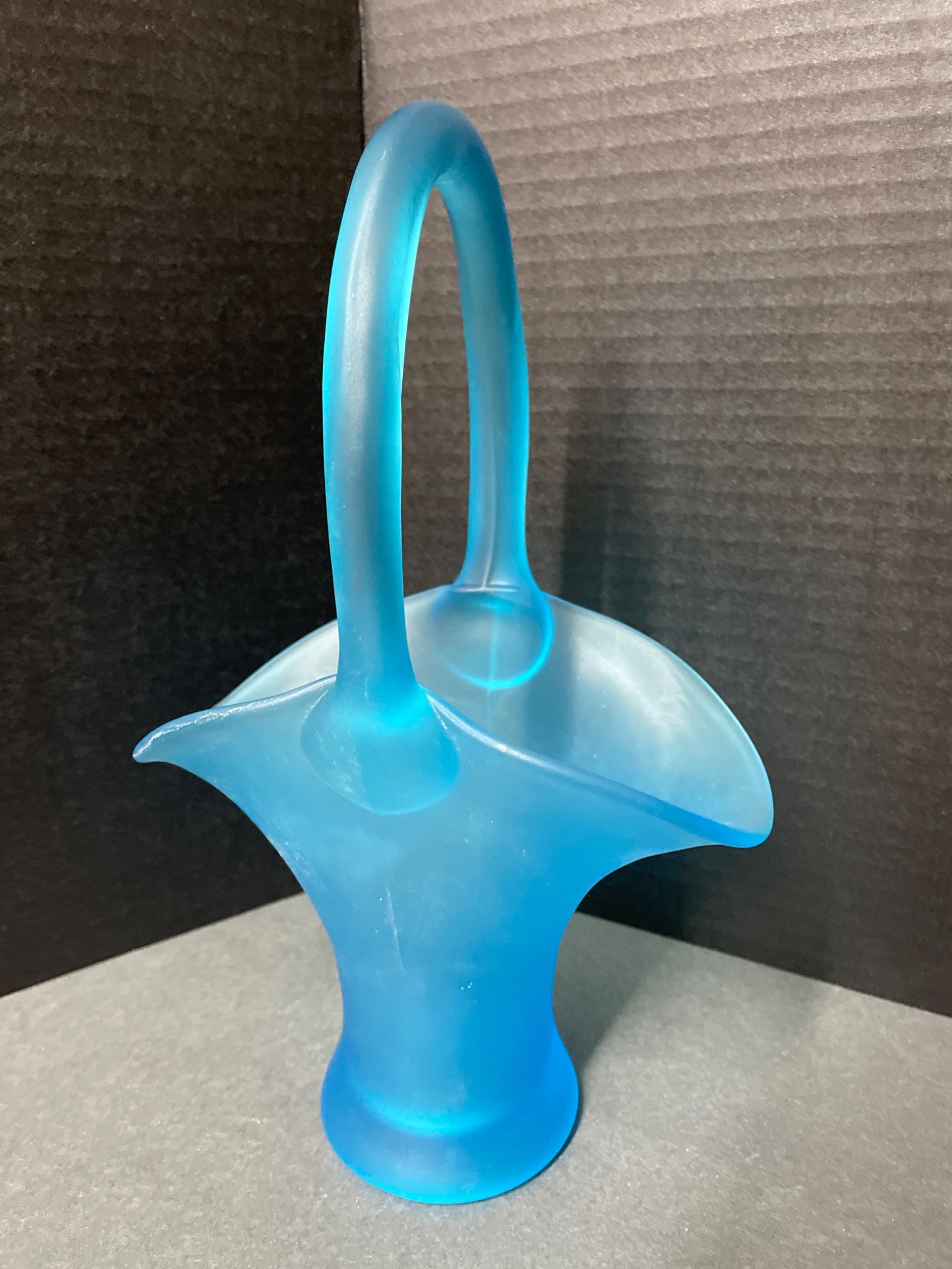 10 3/4-Inch Tall Frosted Blue Glass Basket With Handle - 2