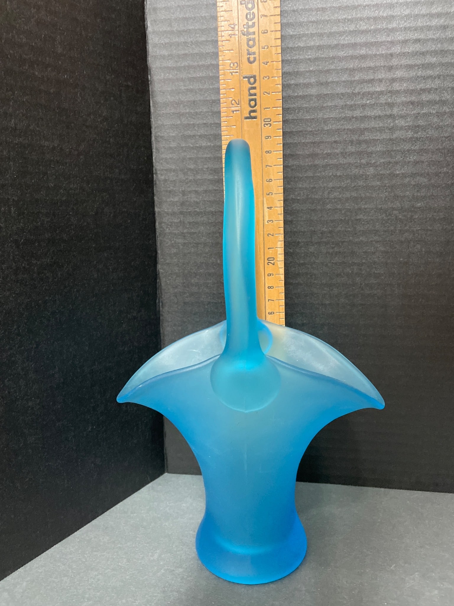 10 3/4-Inch Tall Frosted Blue Glass Basket With Handle - 5