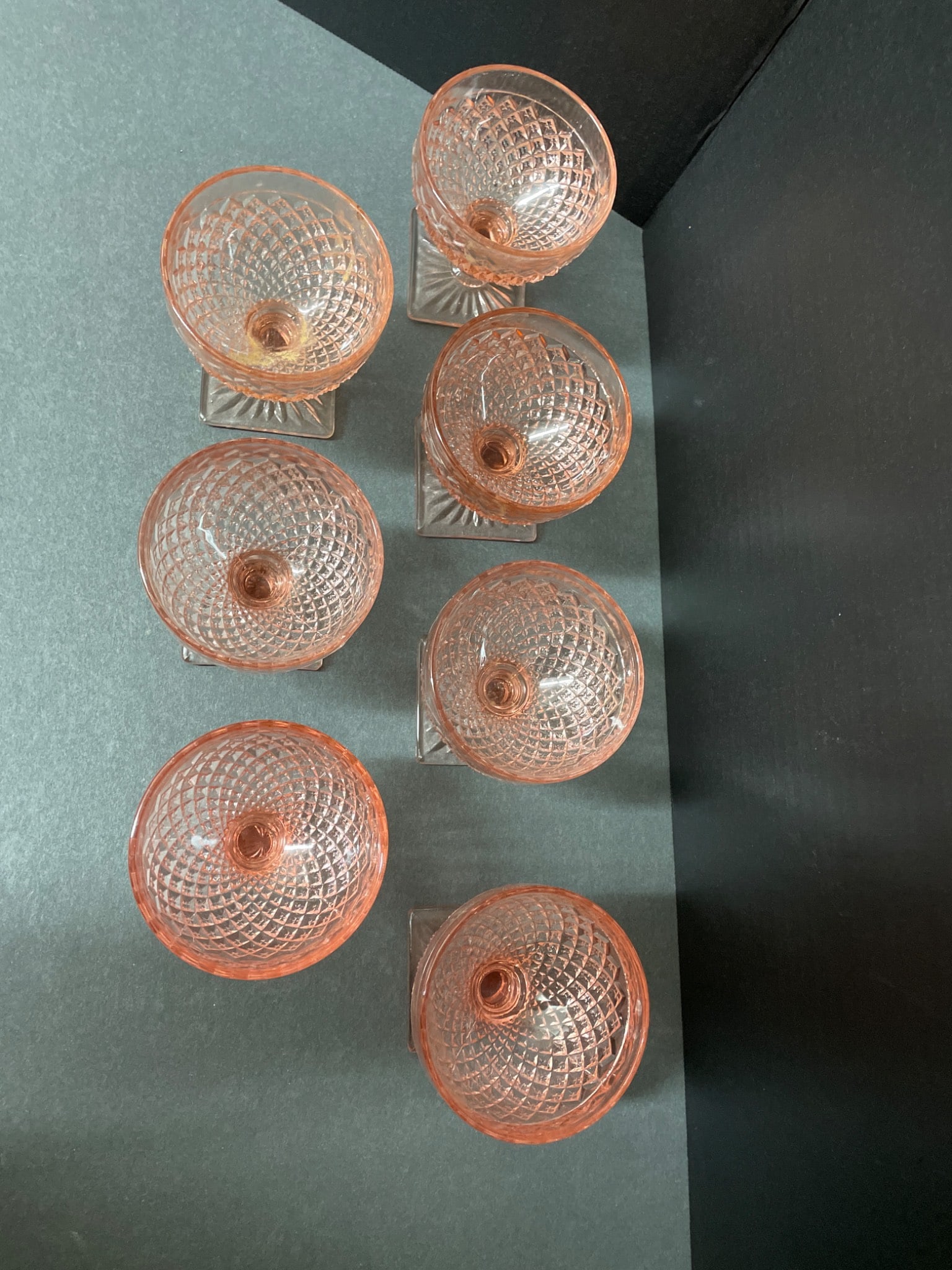 7 Pressed Glass Pink Dessert or Champagne Coupes with Square Bases - 2