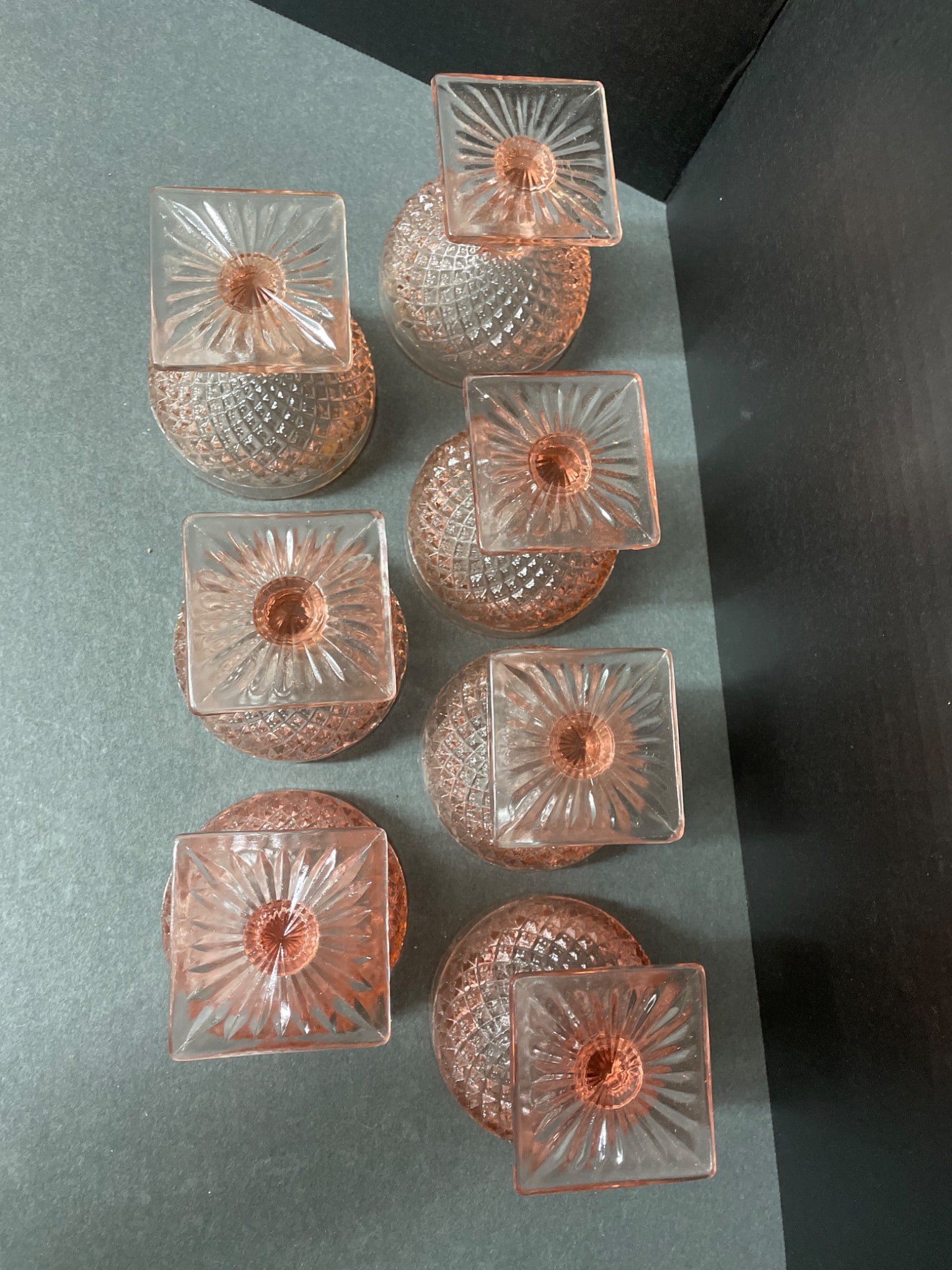 7 Pressed Glass Pink Dessert or Champagne Coupes with Square Bases - 3