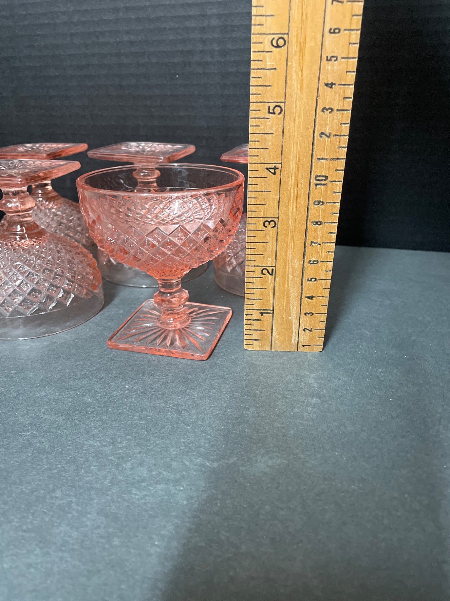 7 Pressed Glass Pink Dessert or Champagne Coupes with Square Bases - 4