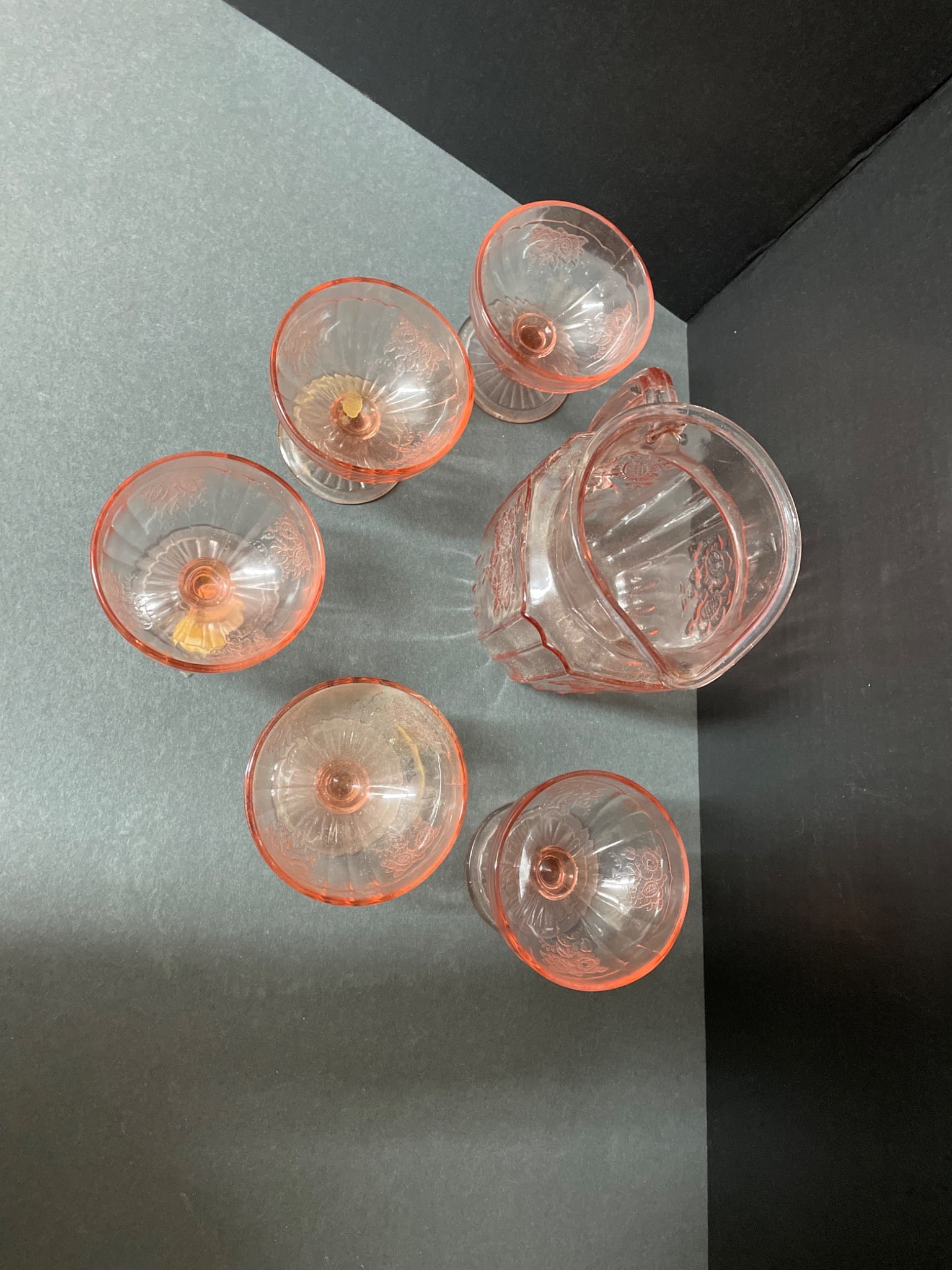 Pink Depression Glass Pitcher and Set of 5 Sherbet Glasses - 2