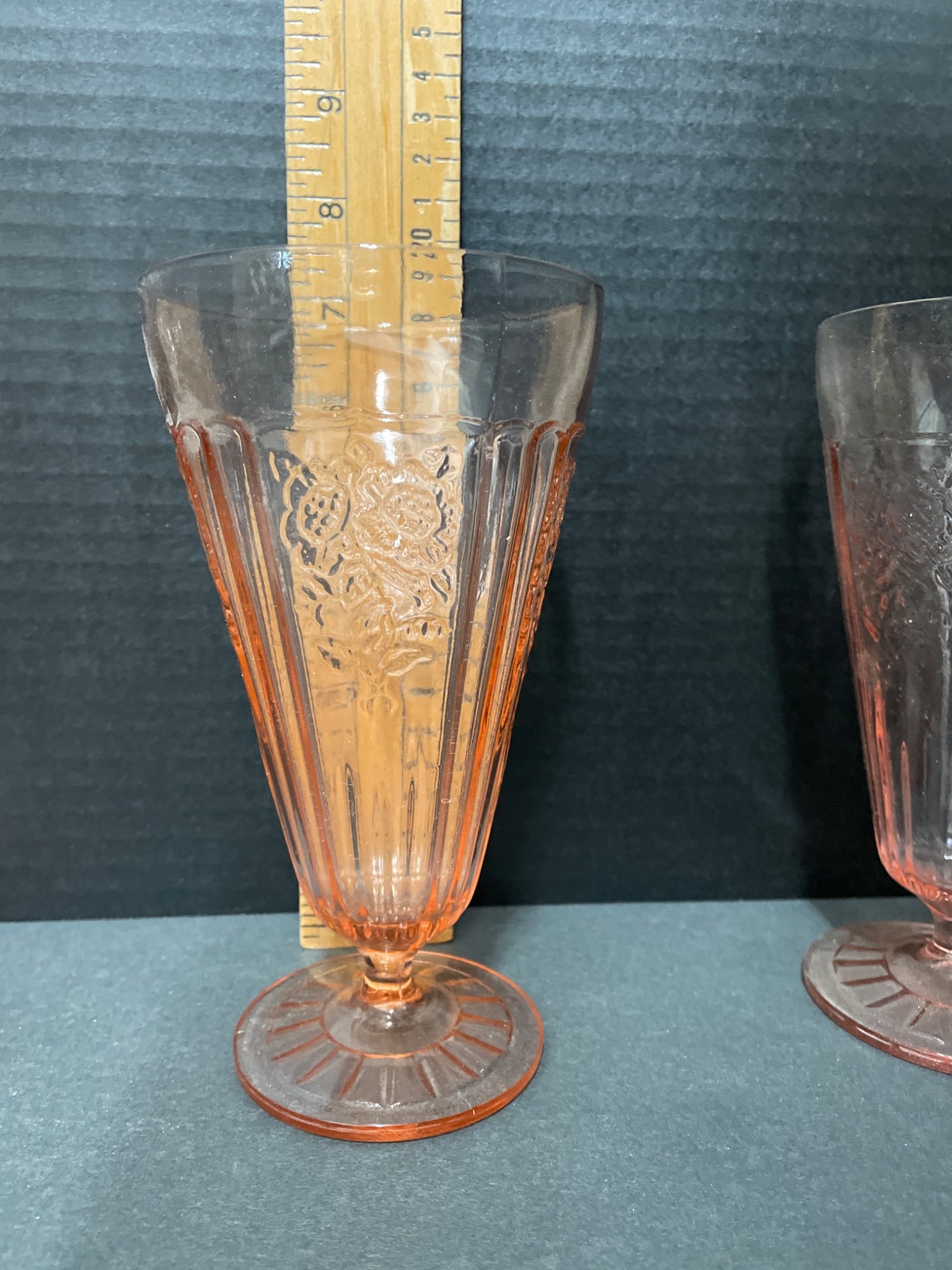 6 Pink Depression Glass Footed Tumblers with Floral Etching, 8 Inches - 3