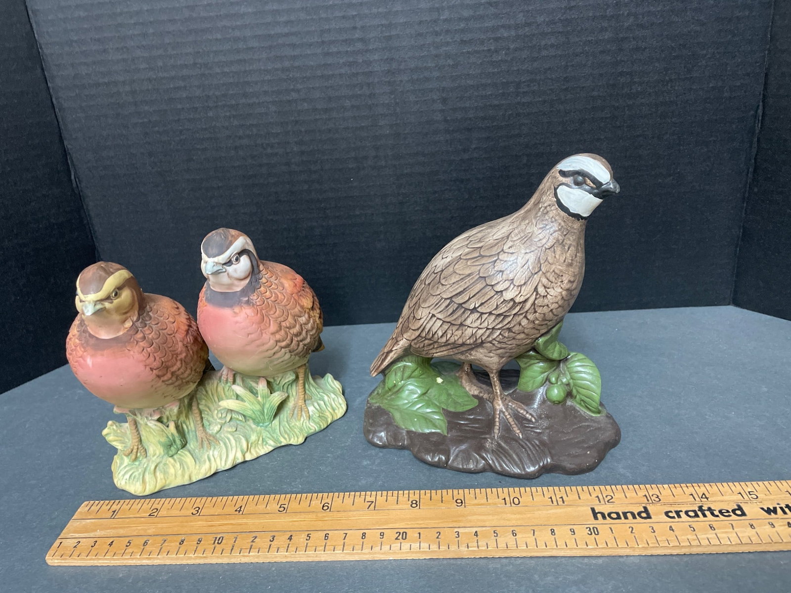 Bird Figurines: Handcrafted Single & Double Quail with Markings: This lot includes two sets of bird figurines: a single quail handcrafted with detailed features and signed markings, as well as a double quail piece with a crown hallmark on the base. Both appear to