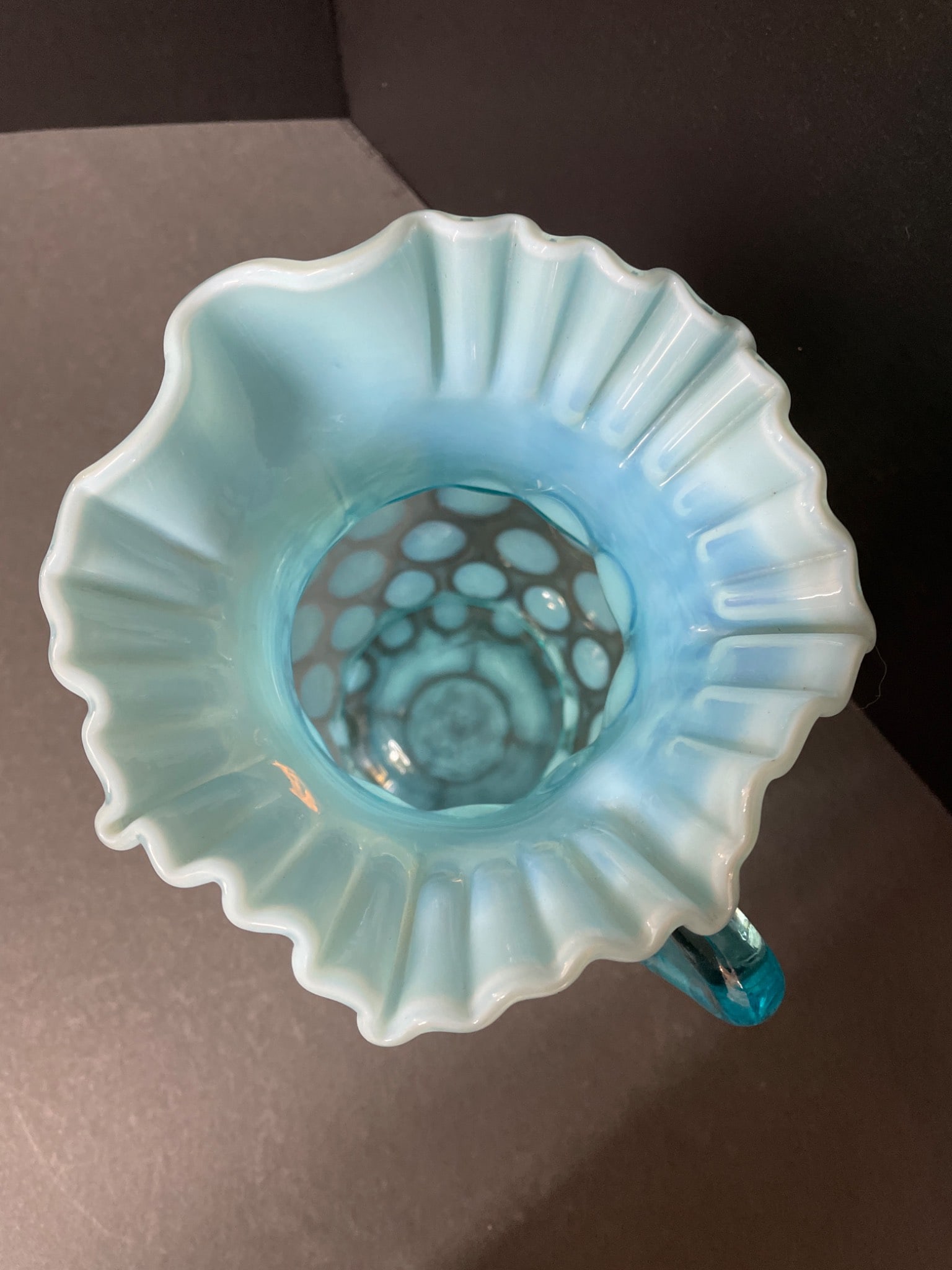 Blue Opalescent Glass Pitcher With Fenton Hobnail Design - 2