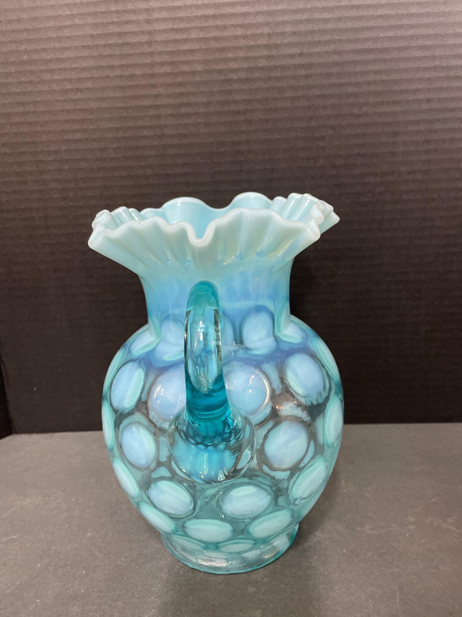Blue Opalescent Glass Pitcher With Fenton Hobnail Design - 3