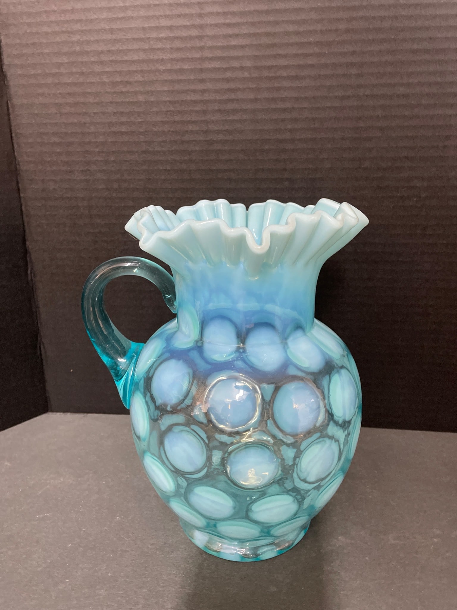 Blue Opalescent Glass Pitcher With Fenton Hobnail Design - 4