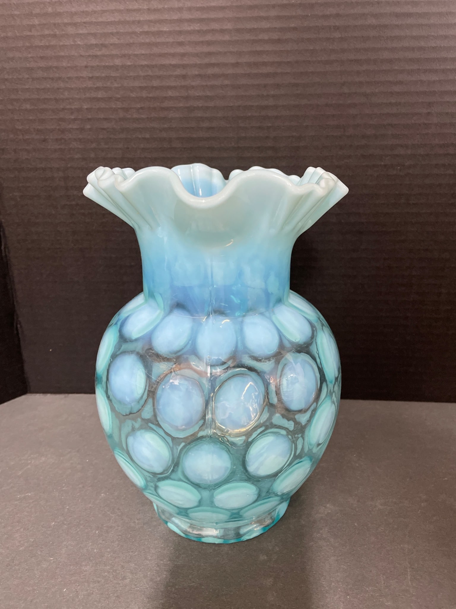 Blue Opalescent Glass Pitcher With Fenton Hobnail Design - 5