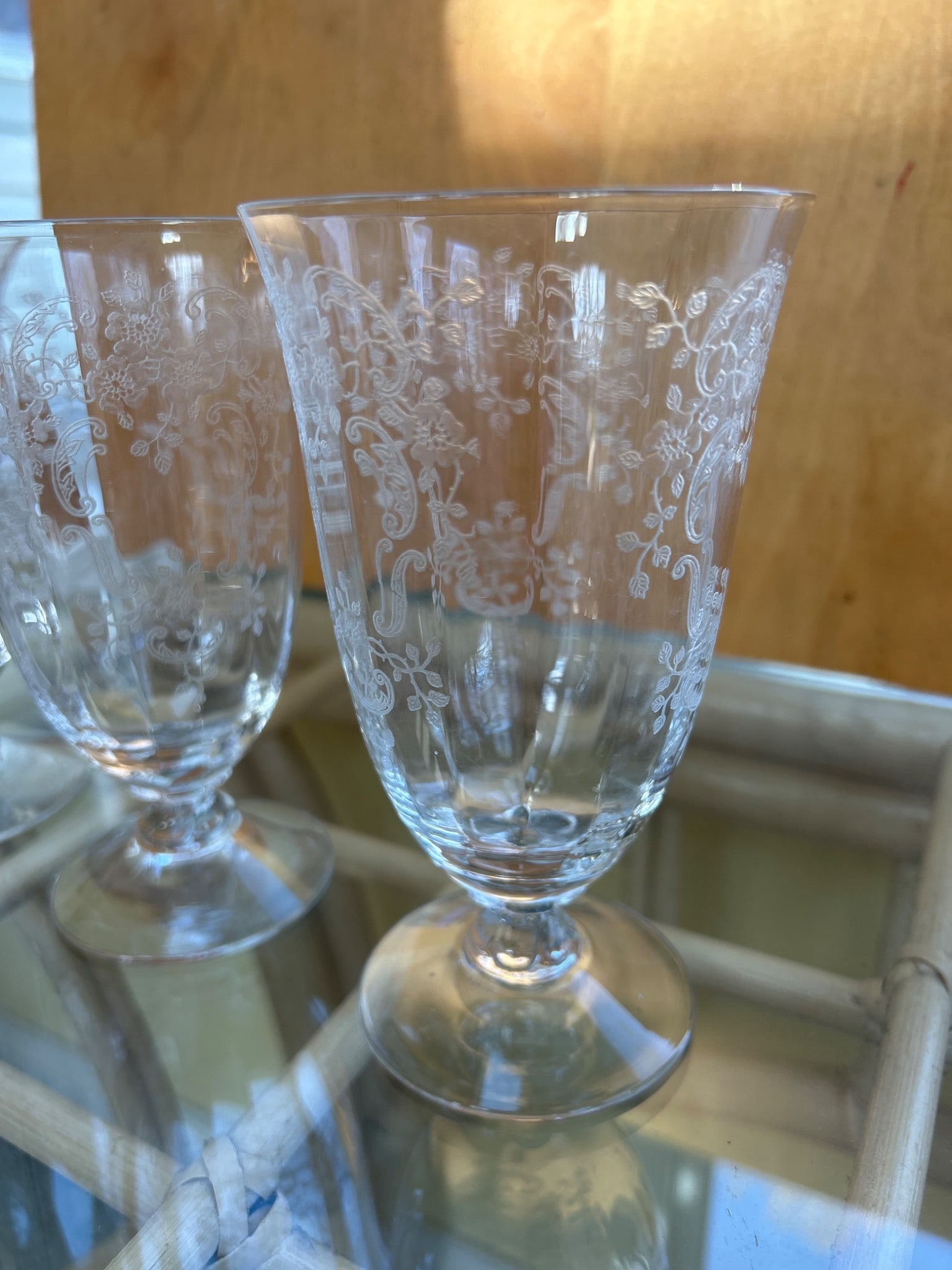 Three Clear Glass Stemmed Goblets with Etched Floral Patterning - 2