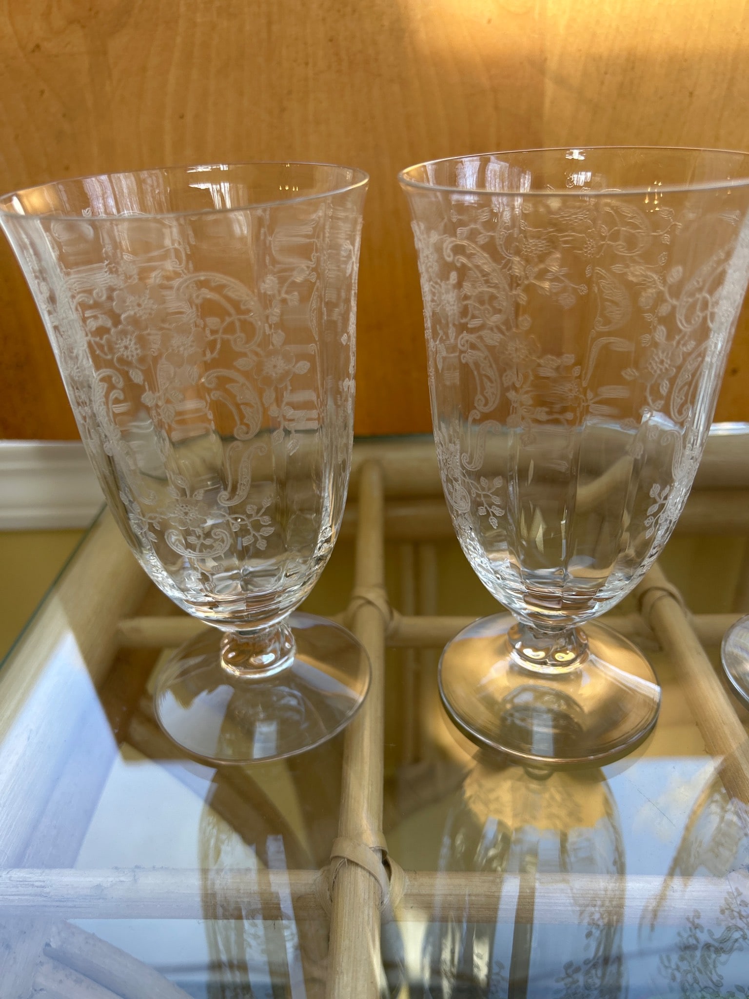 Three Clear Glass Stemmed Goblets with Etched Floral Patterning - 3