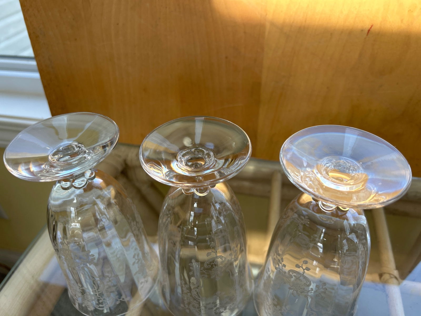 Three Clear Glass Stemmed Goblets with Etched Floral Patterning - 4