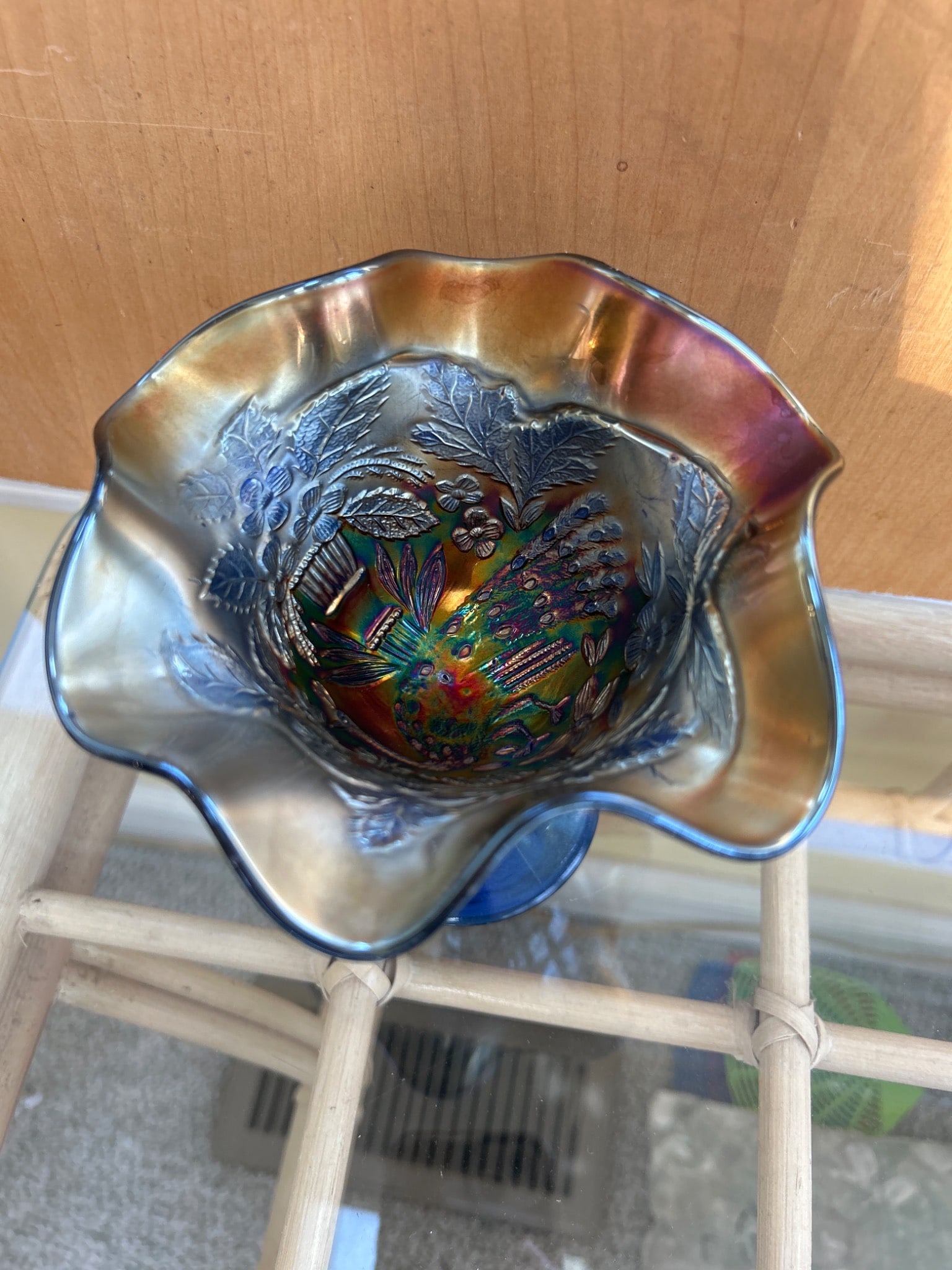 Blue Carnival Glass Compote with Ruffled Edge and Floral Design - 2