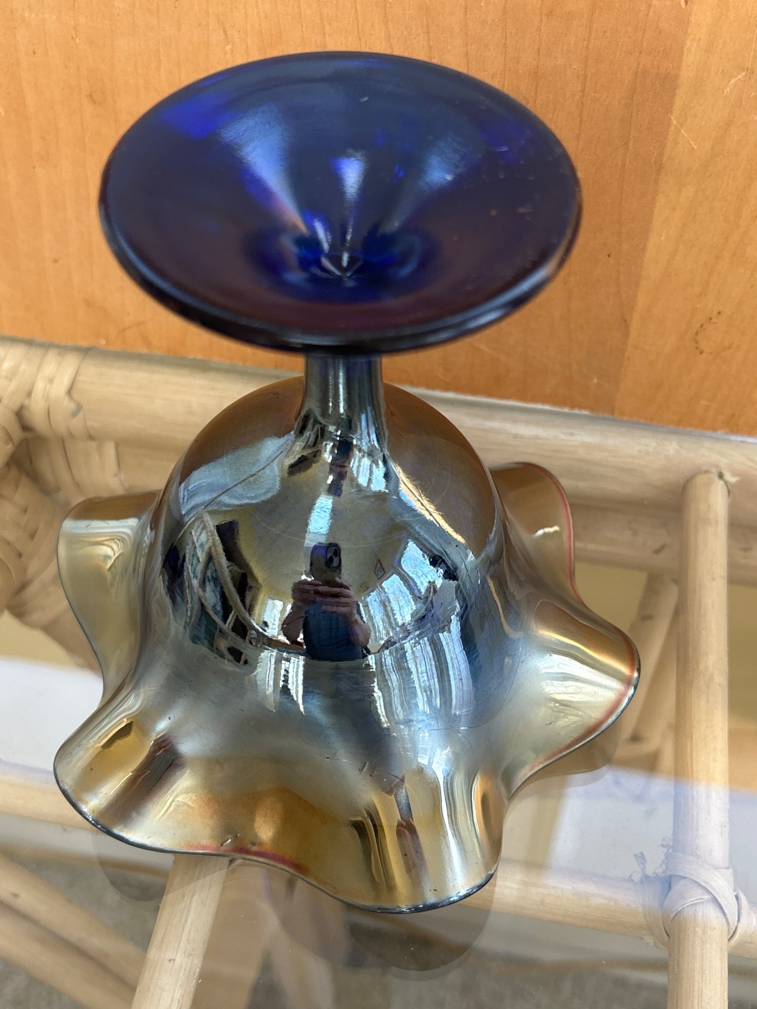 Blue Carnival Glass Compote with Ruffled Edge and Floral Design - 4