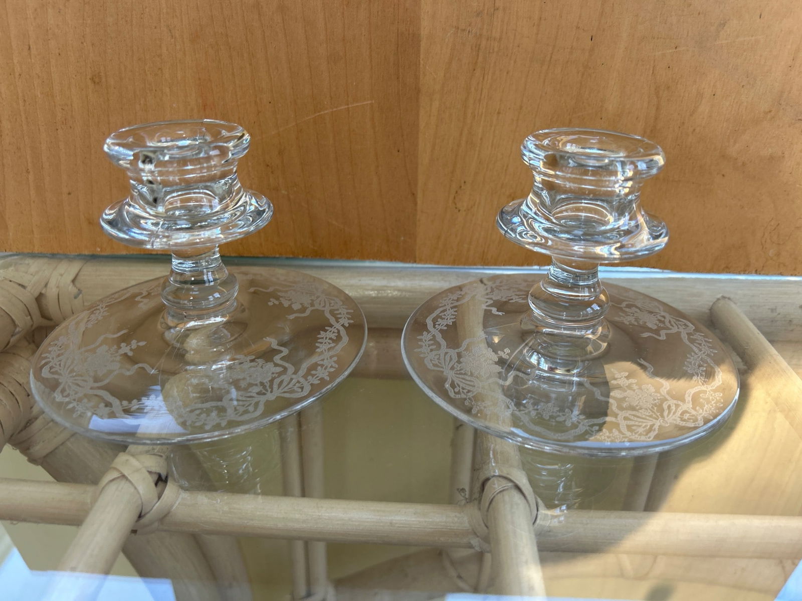 Clear Glass Etched Candle Holders with Floral Design - 2