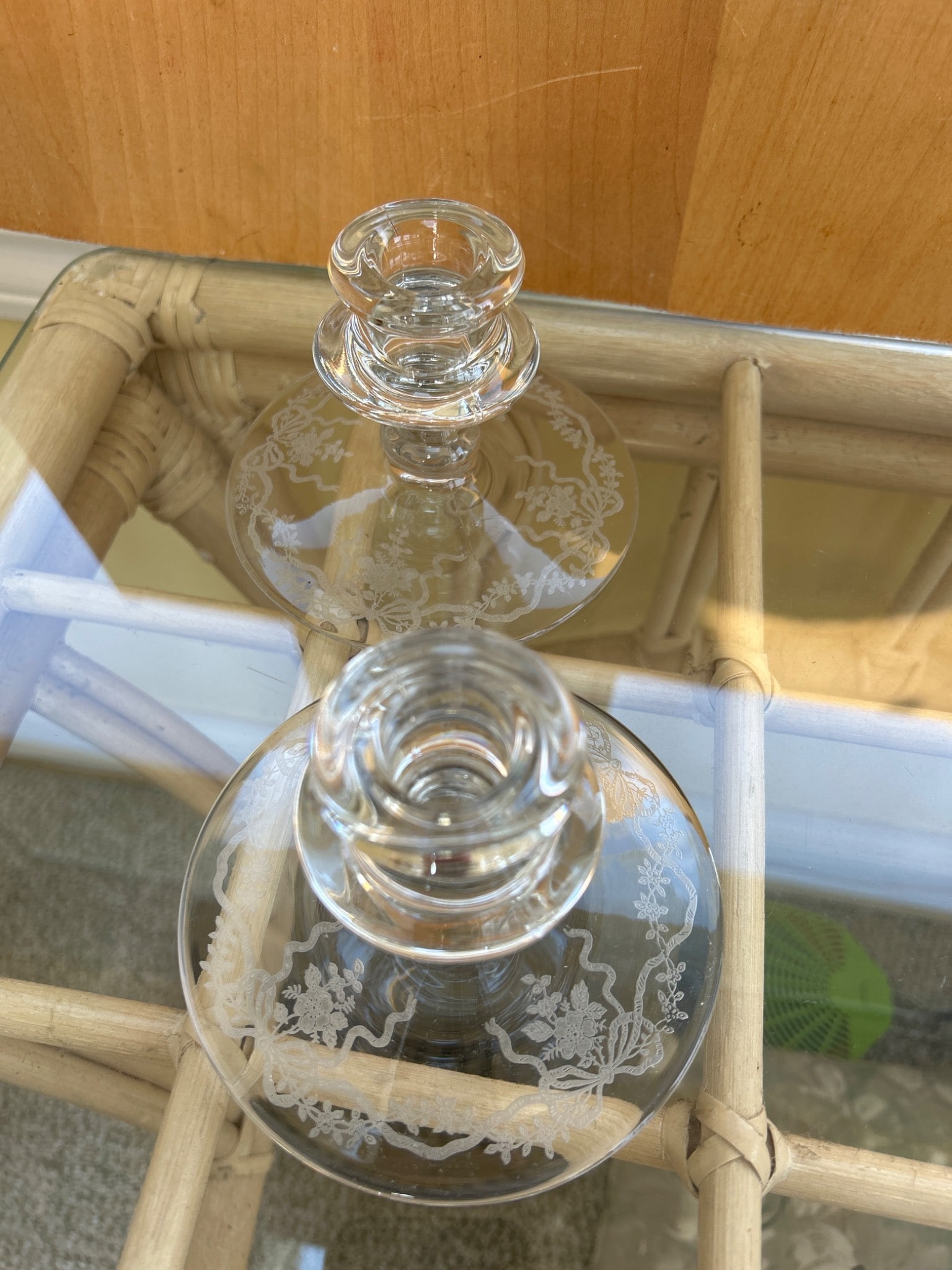 Clear Glass Etched Candle Holders with Floral Design - 3