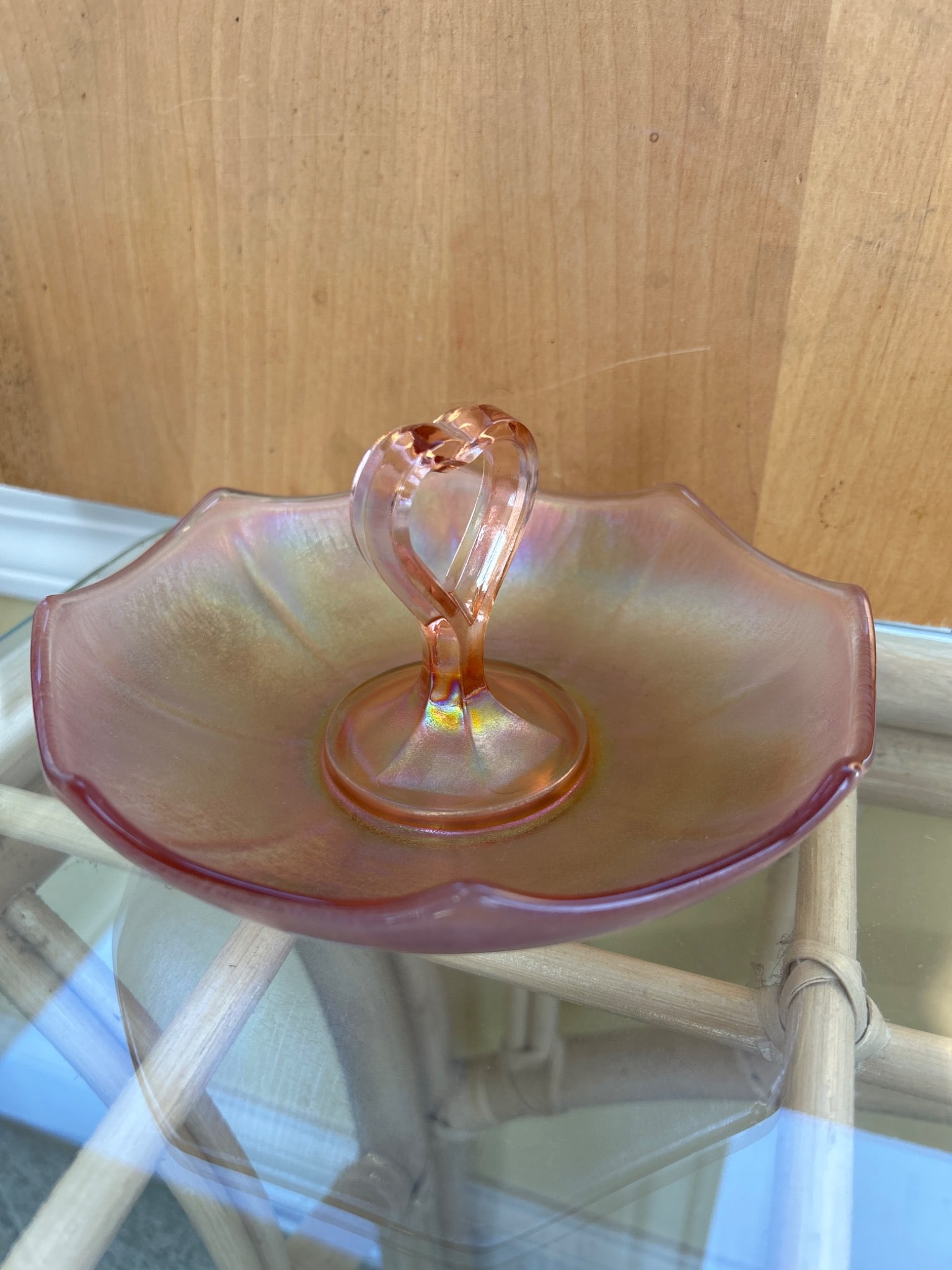 Footed Pink Iridescent Glass Candy Dish With Heart-Shaped Handle - 2