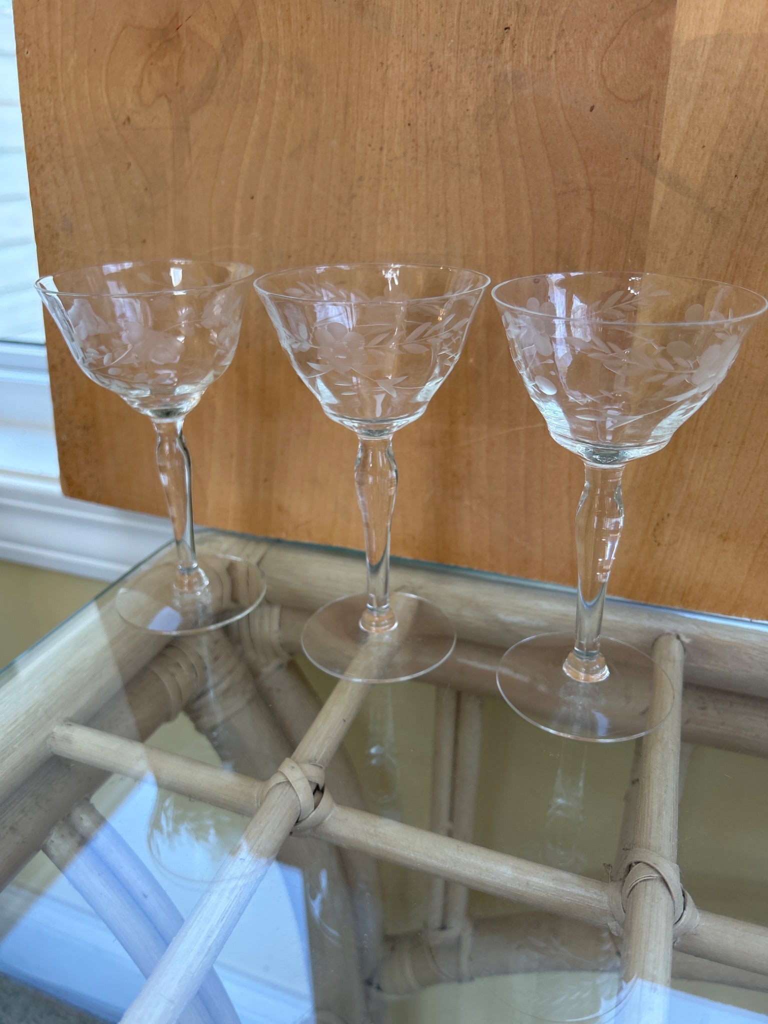 Three Clear Etched Glass Stemware with Floral Design - 2