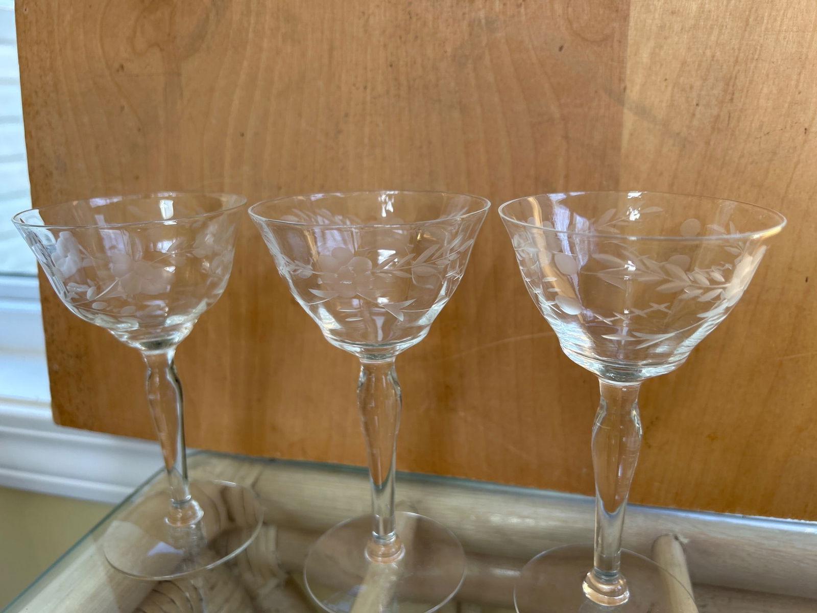 Three Clear Etched Glass Stemware with Floral Design - 3