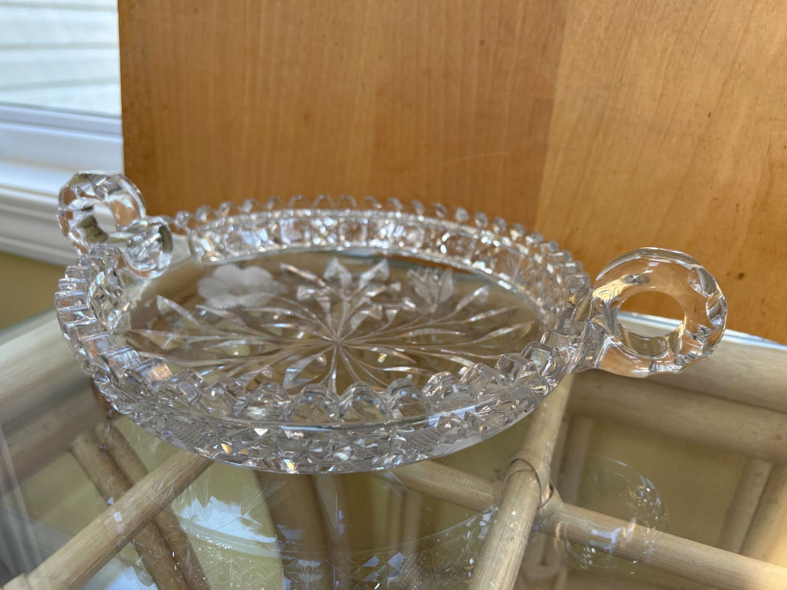 Clear Glass Dish With Handles and Etched Floral Motif, Approx. 10 Inches Wide - 2