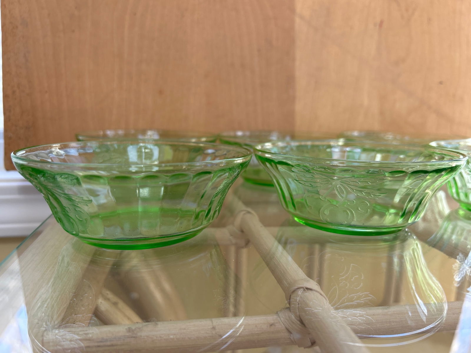 6 Green Depression Glass Bowls with Etched Cherry Design - 2
