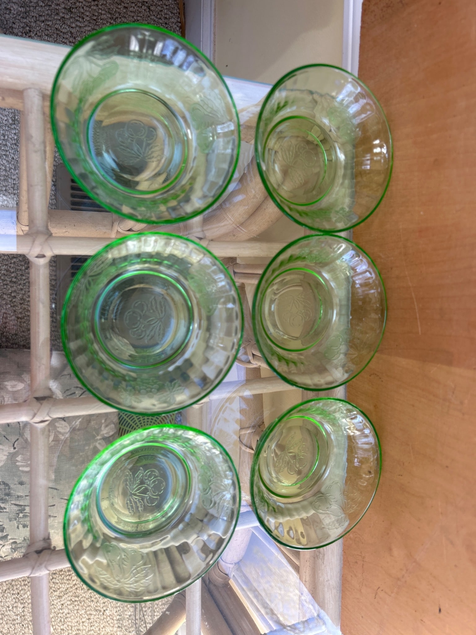 6 Green Depression Glass Bowls with Etched Cherry Design - 3