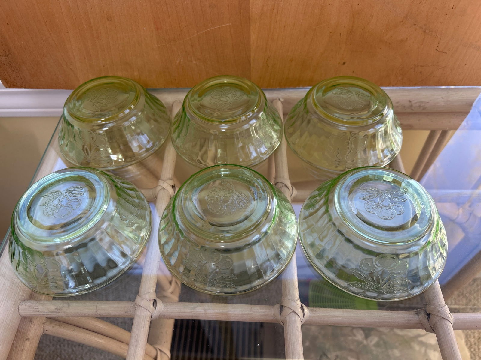 6 Green Depression Glass Bowls with Etched Cherry Design - 4
