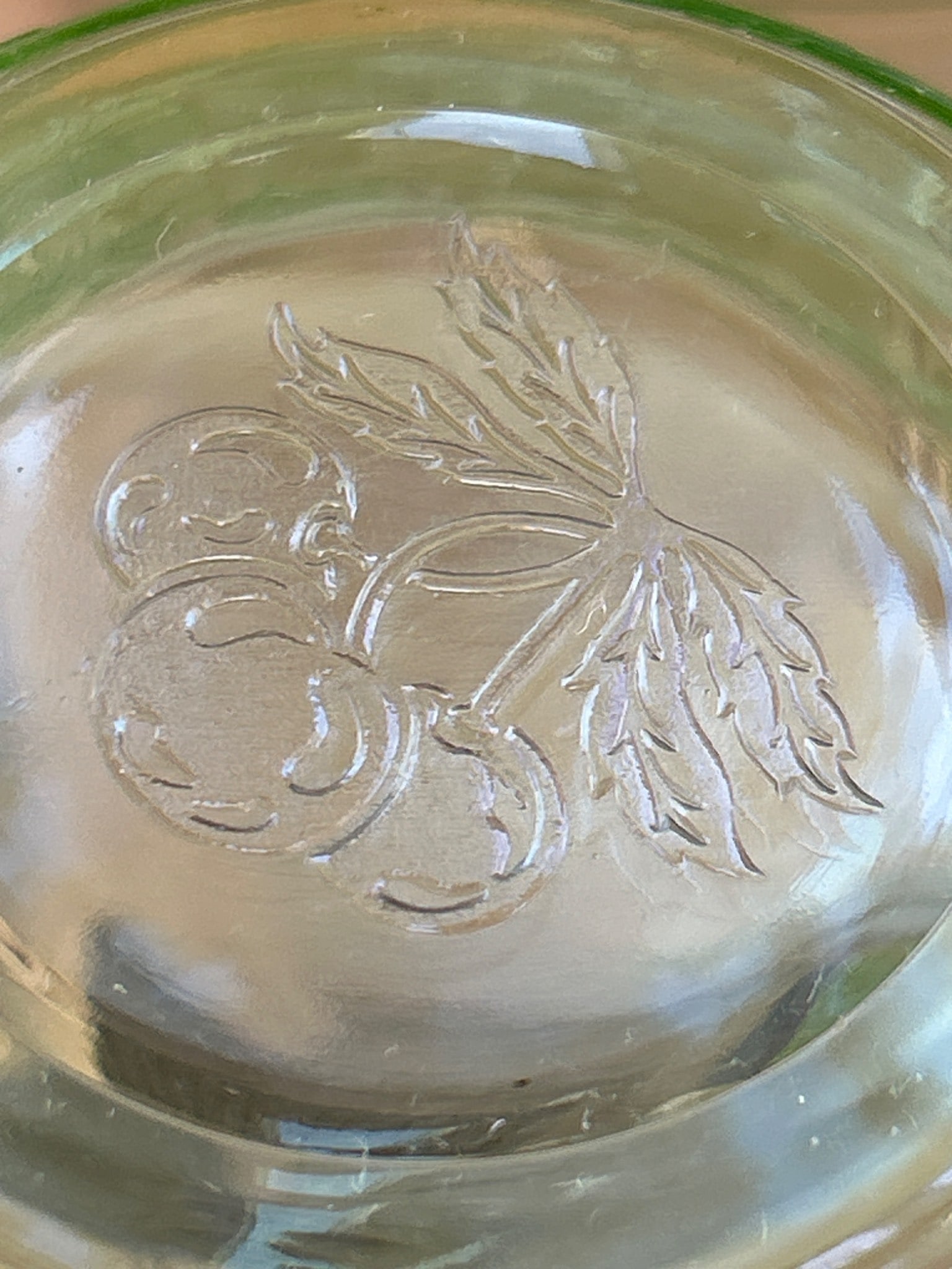 6 Green Depression Glass Bowls with Etched Cherry Design - 5