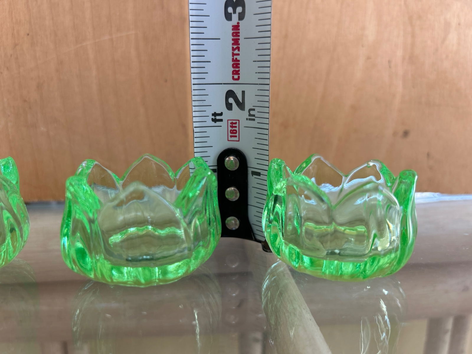 Three Uranium Glass Lotus-Shaped Candle Holders - 2