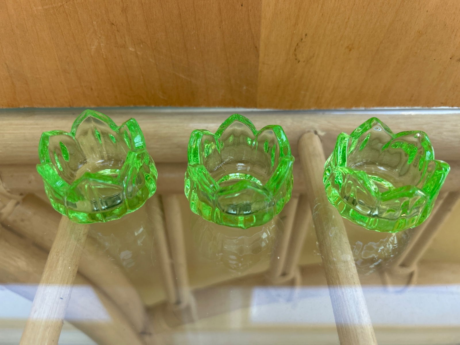 Three Uranium Glass Lotus-Shaped Candle Holders - 3