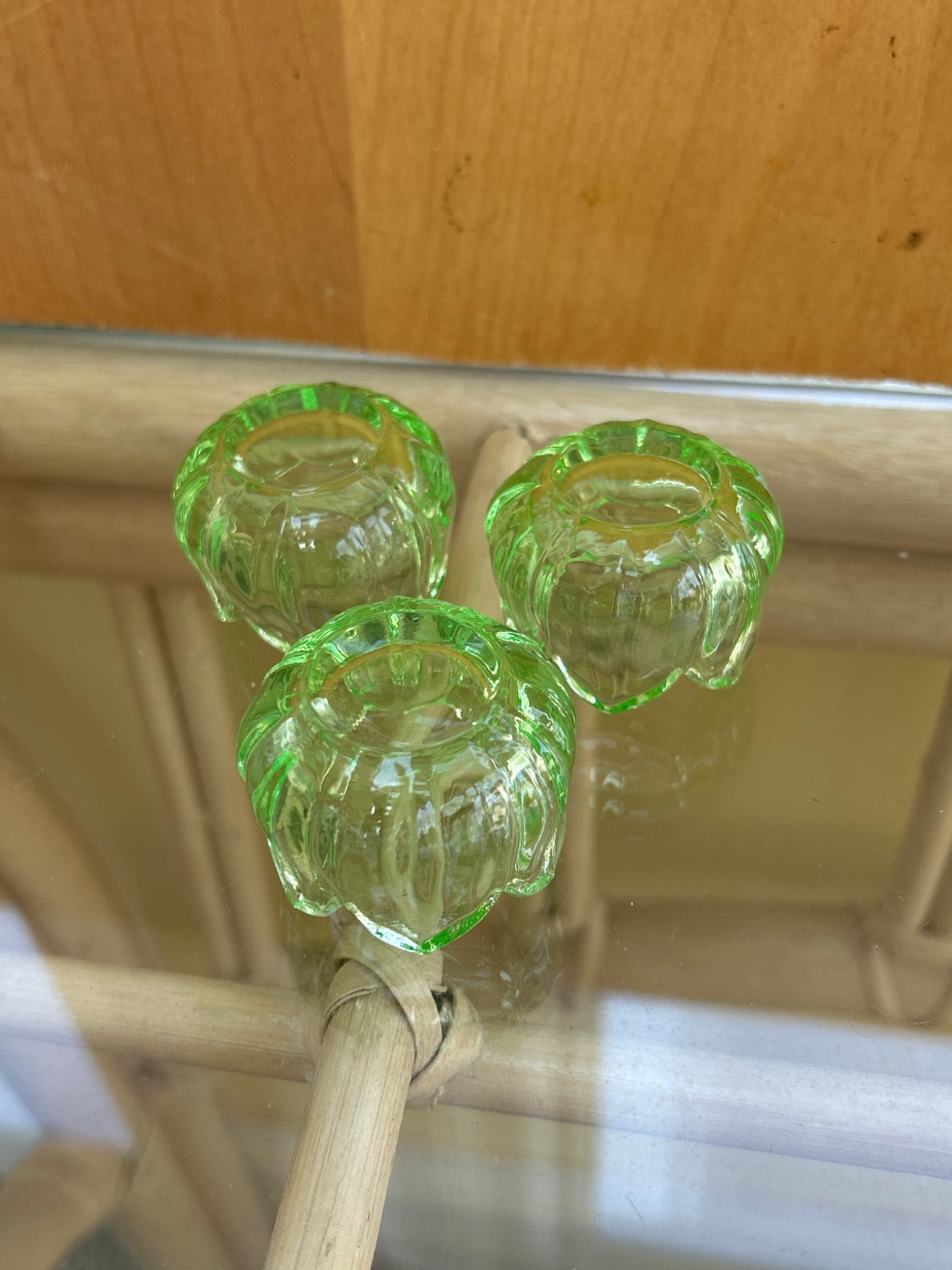 Three Uranium Glass Lotus-Shaped Candle Holders - 4