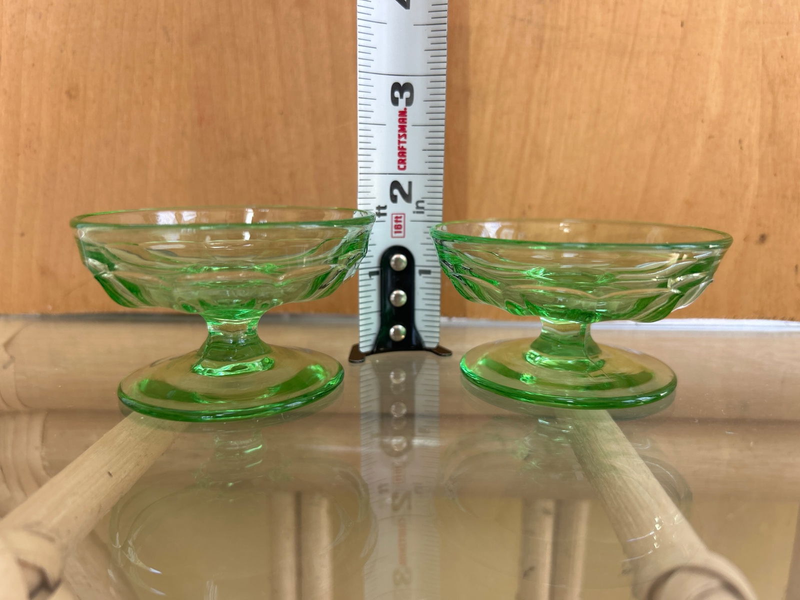 Green Depression Glass Dessert Dishes on Pedestal Base, Set of 2 - 4