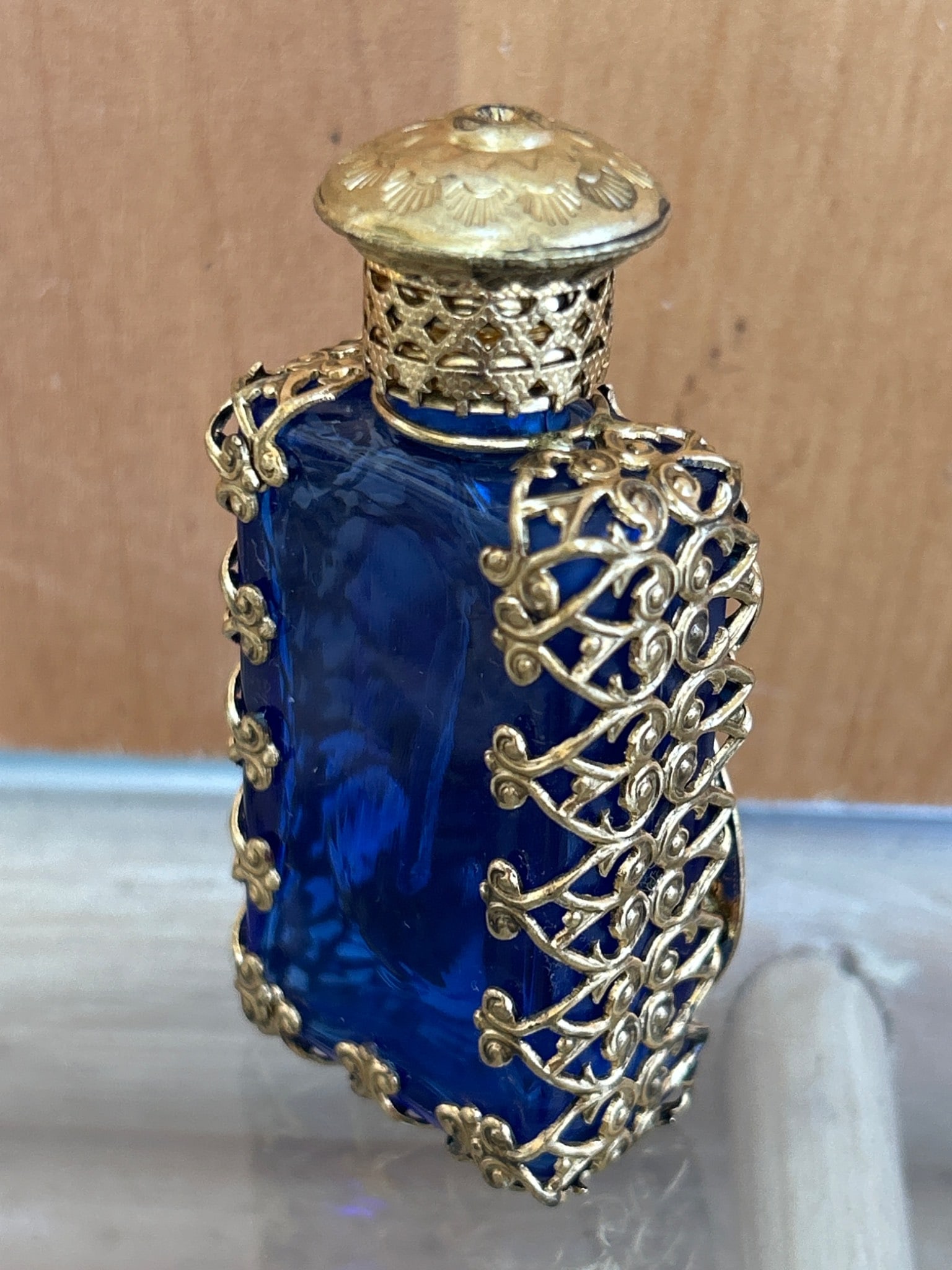 Gold-Tone Filigree Cobalt Blue Glass Perfume Bottle with Red Stone - 2